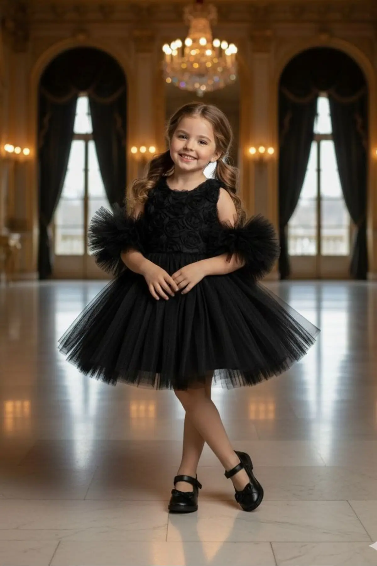 Ponponlu Kollu Gül Kabartmalı Çocuk Abiye Elbise