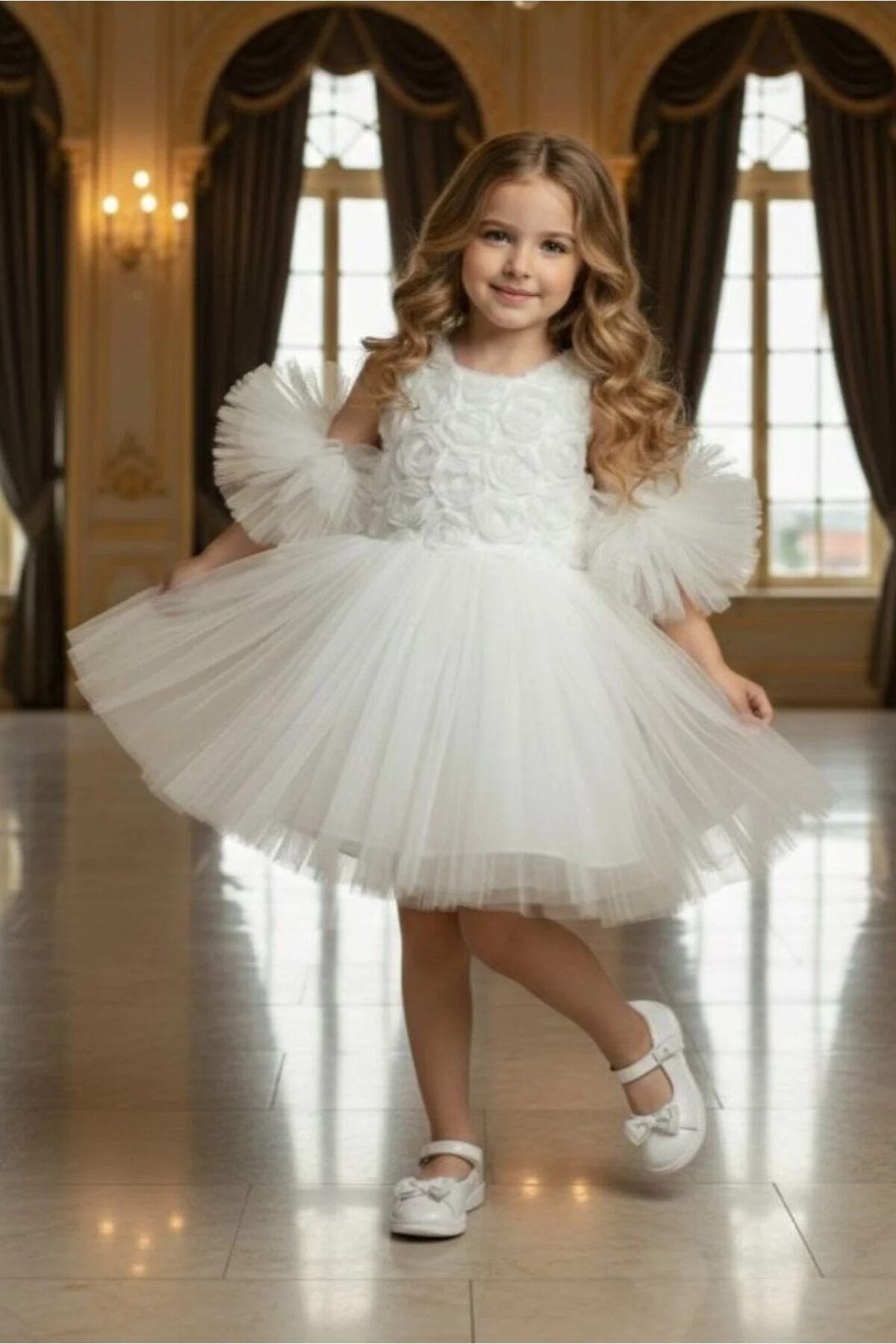 Ponponlu Kollu Gül Kabartmalı Çocuk Abiye Elbise