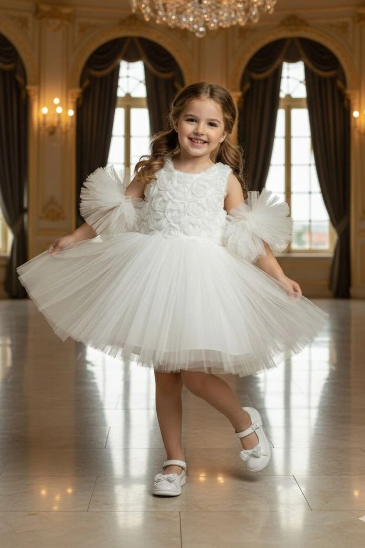 Ponponlu Kollu Gül Kabartmalı Çocuk Abiye Elbise