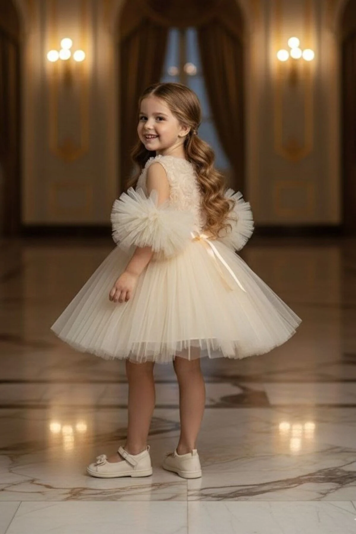 Ponponlu Kollu Gül Kabartmalı Çocuk Abiye Elbise