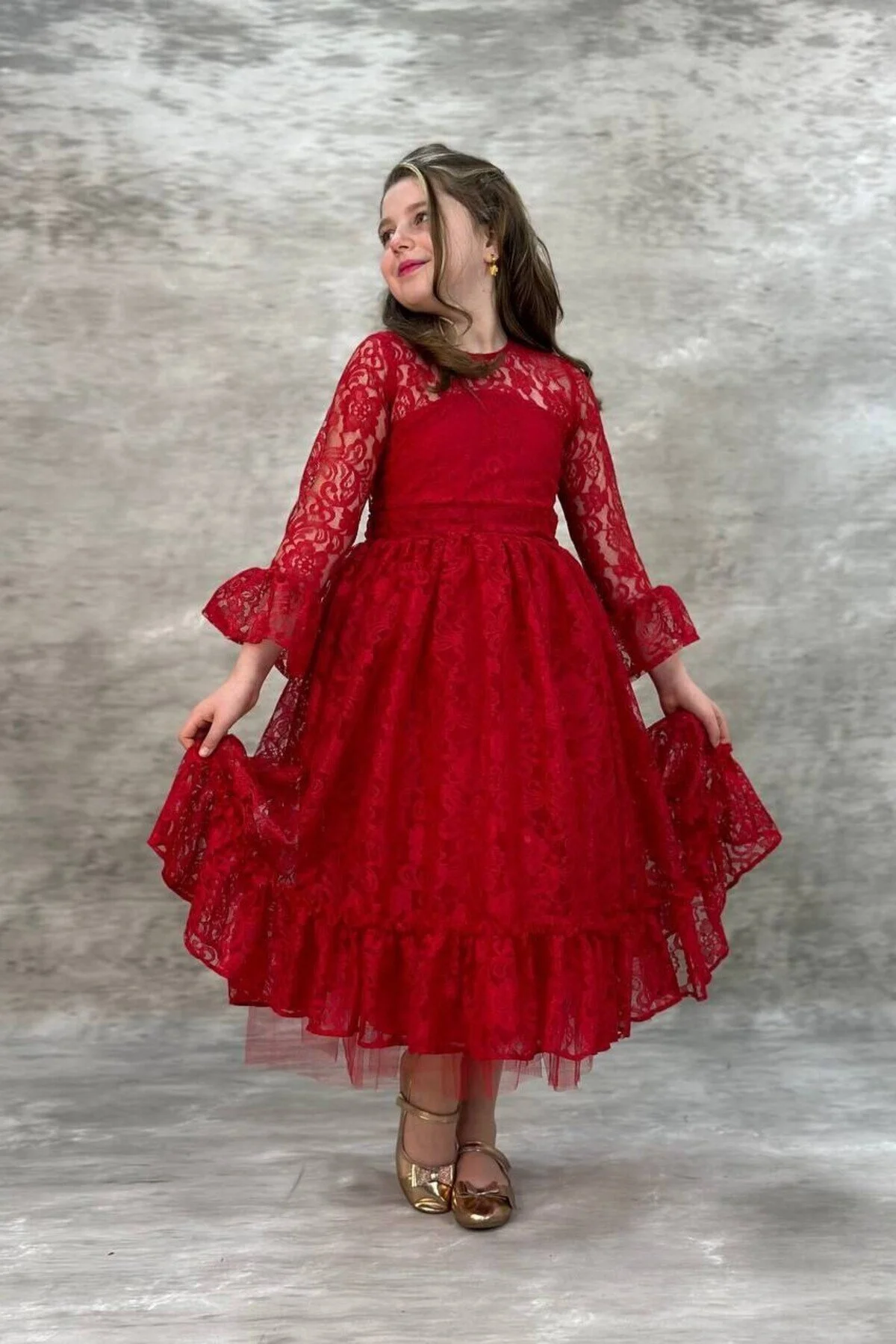 Dantelli Kırmızı Çocuk Abiye