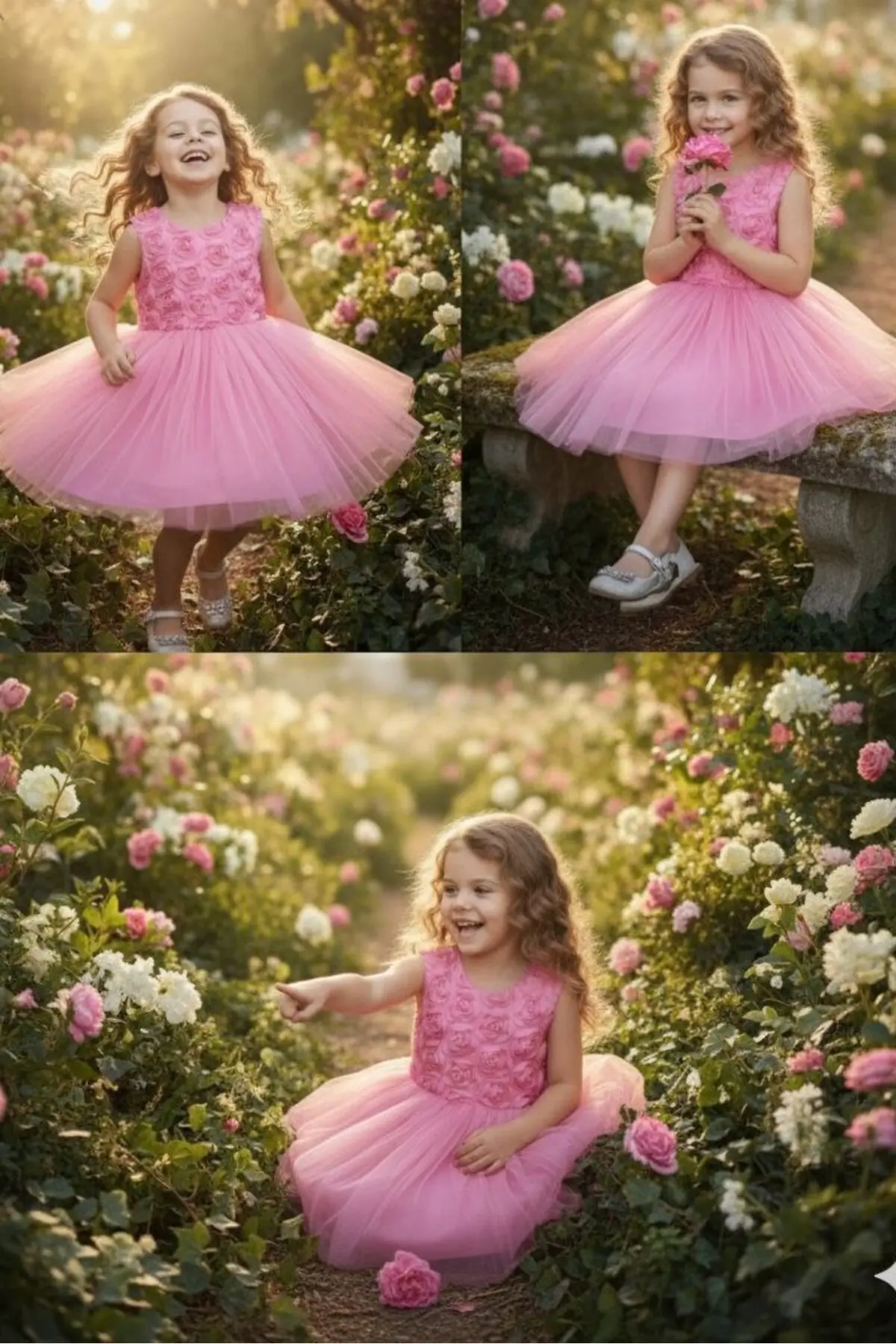 3D Gül Kabartmalı Tüllü Pembe Çocuk Abiye 2/12 yaş arası Abiye