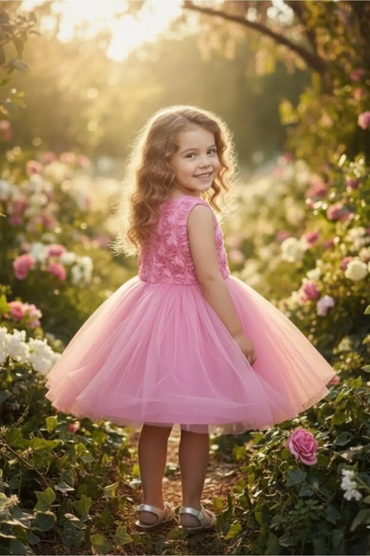 3D Gül Kabartmalı Tüllü Pembe Çocuk Abiye 2/12 yaş arası Abiye