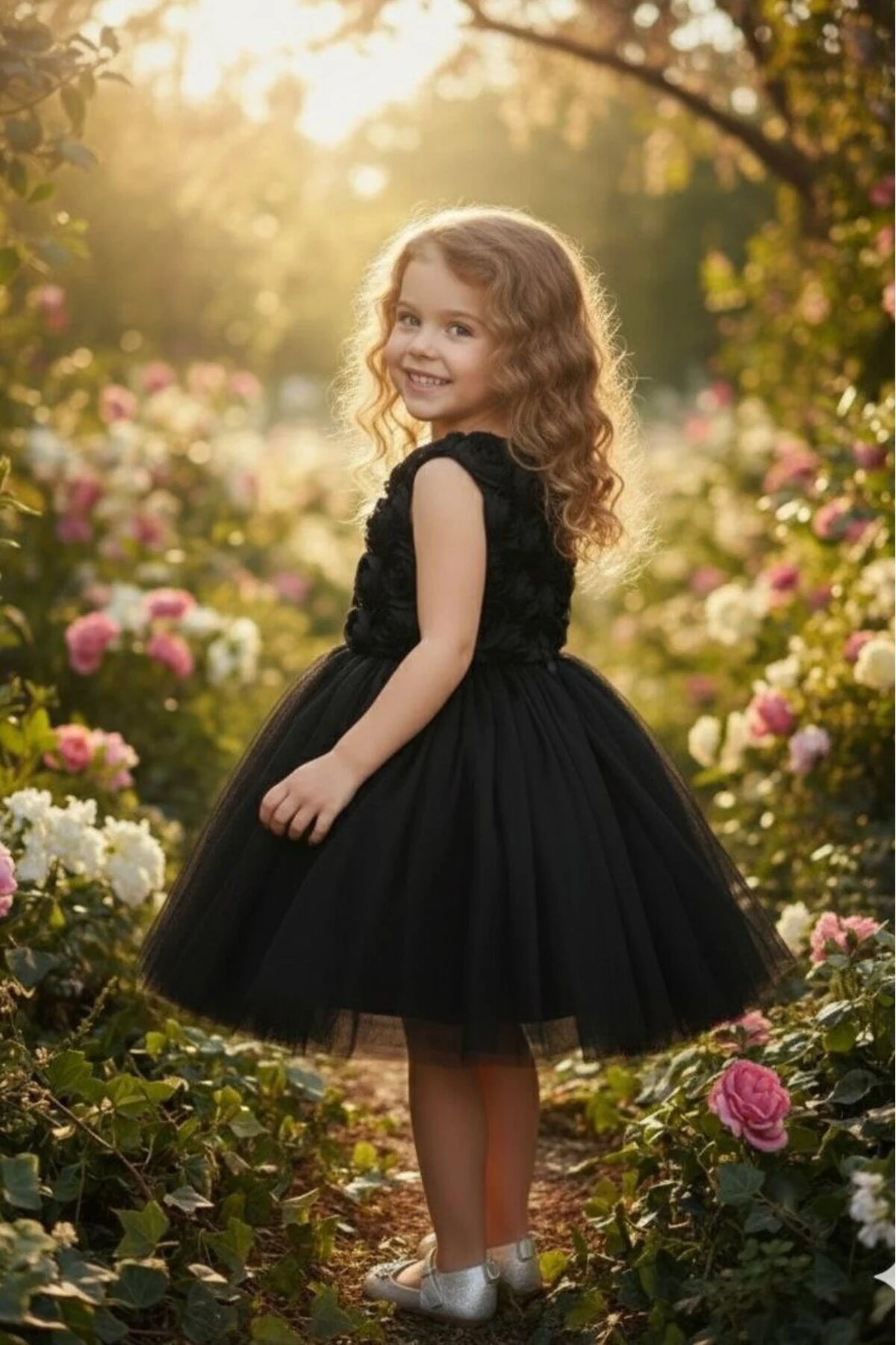 3D Gül Kabartmalı Tüllü Siyah Çocuk Abiye 2/12 yaş arası abiye