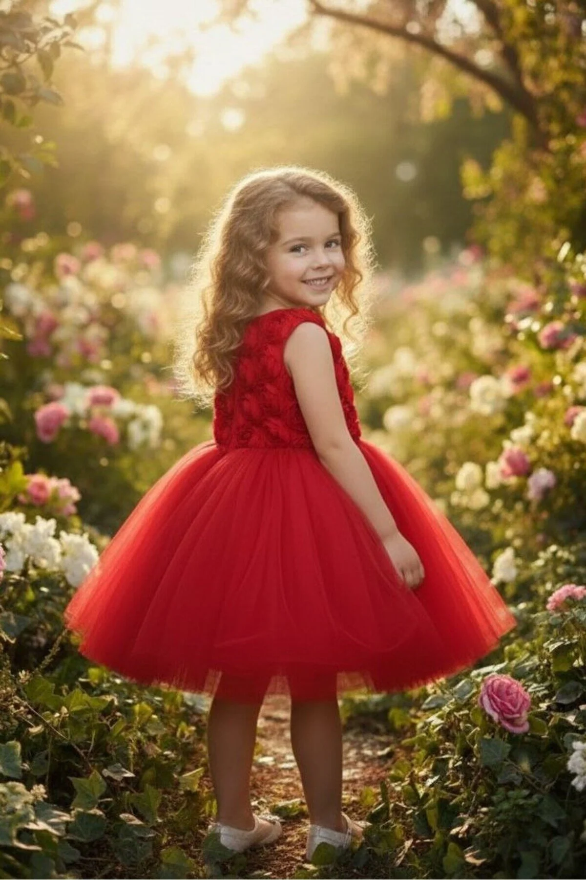 3D Gül Kabartmalı Tüllü Kırmızı Çocuk Abiye 2/12 yaş arası abiye