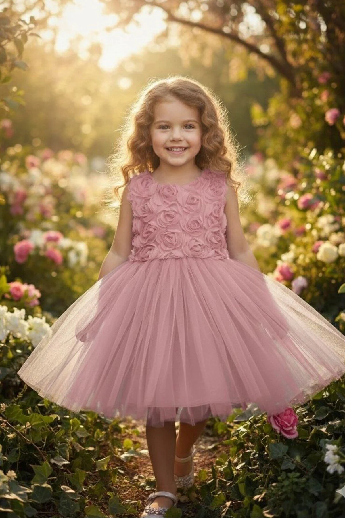 3D Gül Kabartmalı Tüllü Pudra Çocuk Abiye 2/12 yaş arası abiye