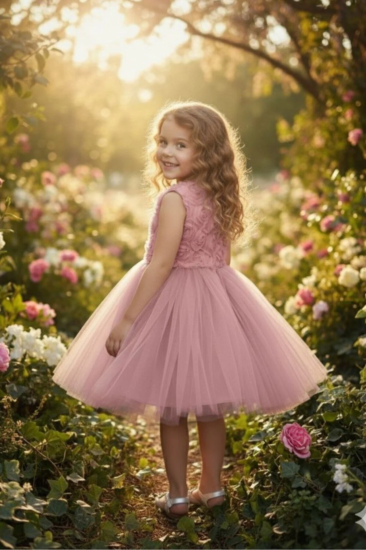 3D Gül Kabartmalı Tüllü Pudra Çocuk Abiye 2/12 yaş arası abiye