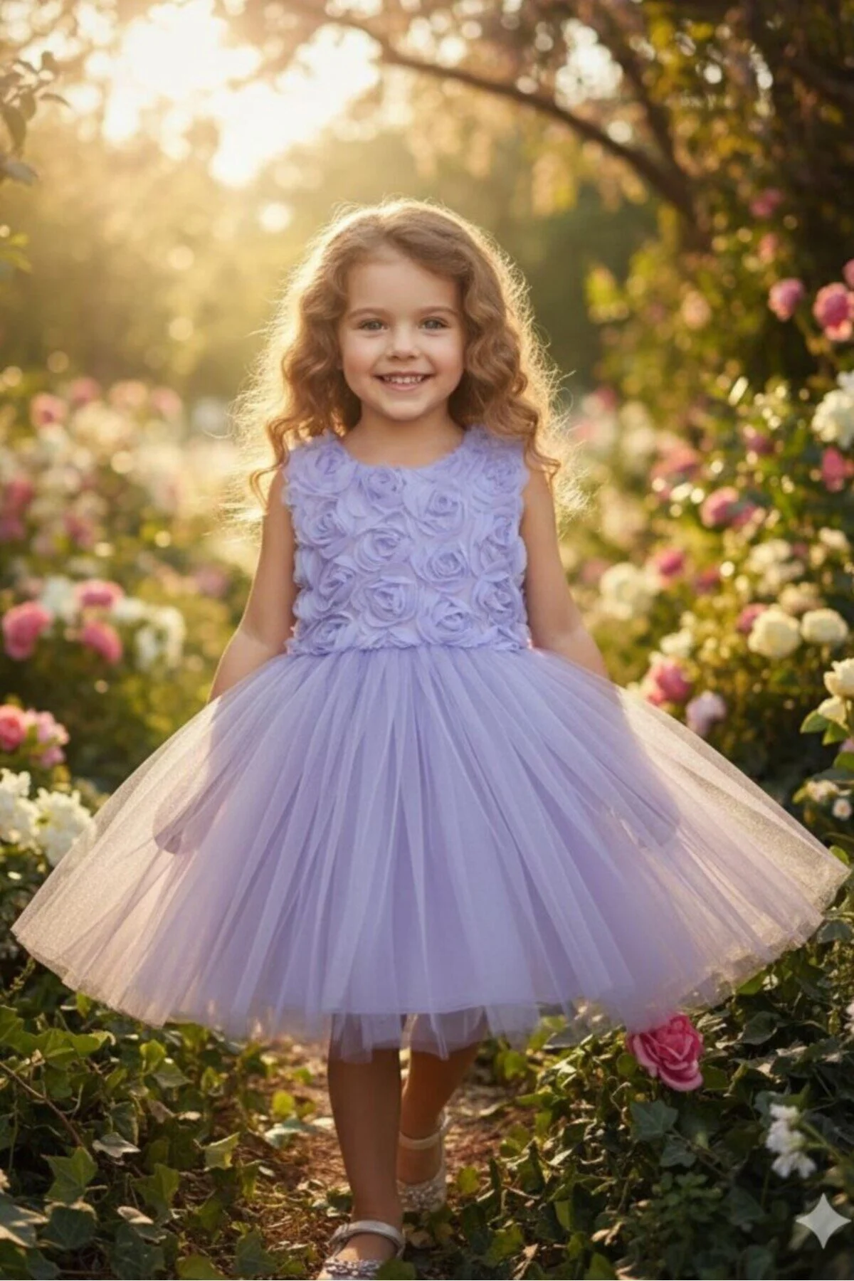 3D Gül Kabartmalı Tüllü Lila Çocuk Abiye 2/12 yaş arası abiye