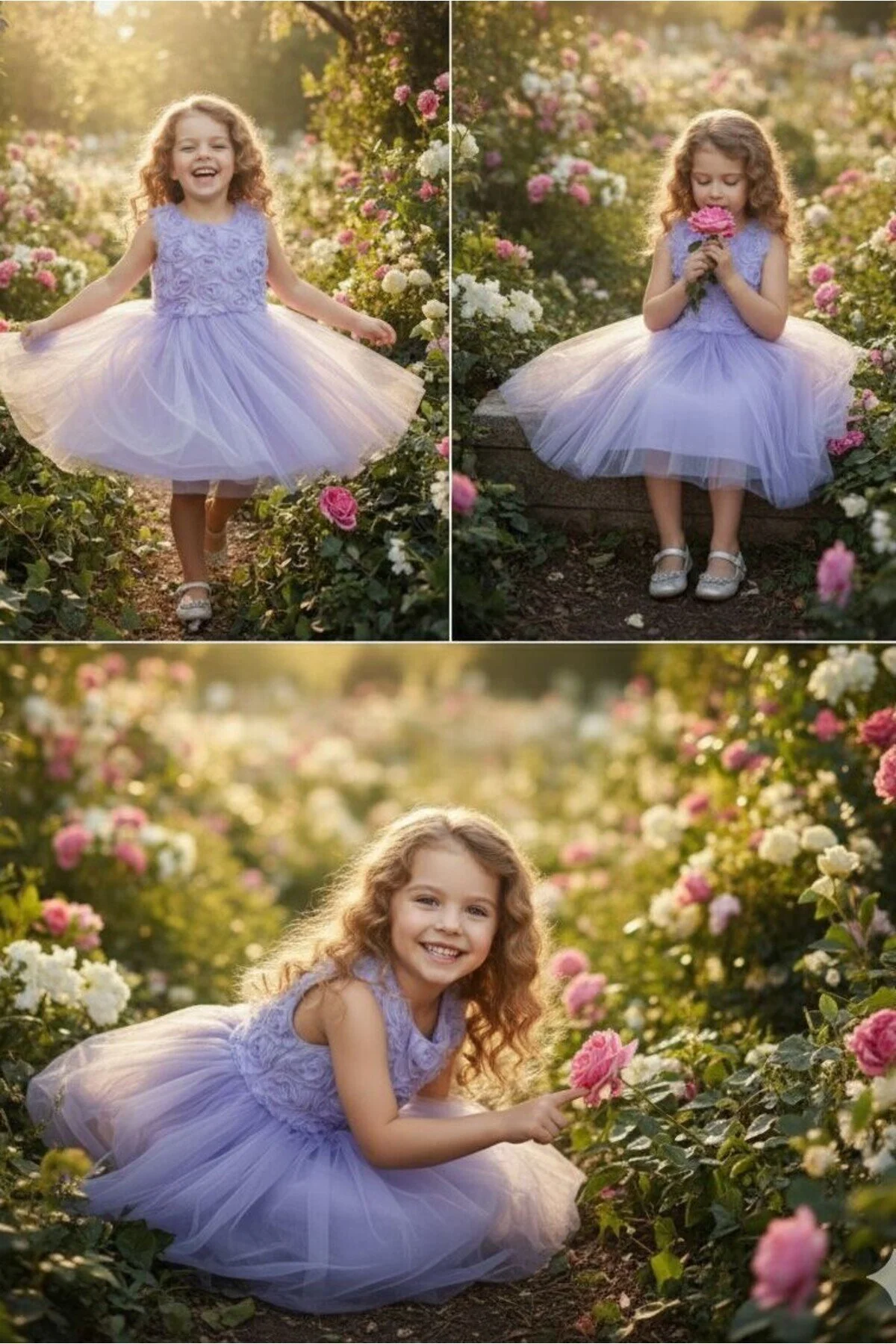 3D Gül Kabartmalı Tüllü Lila Çocuk Abiye 2/12 yaş arası abiye