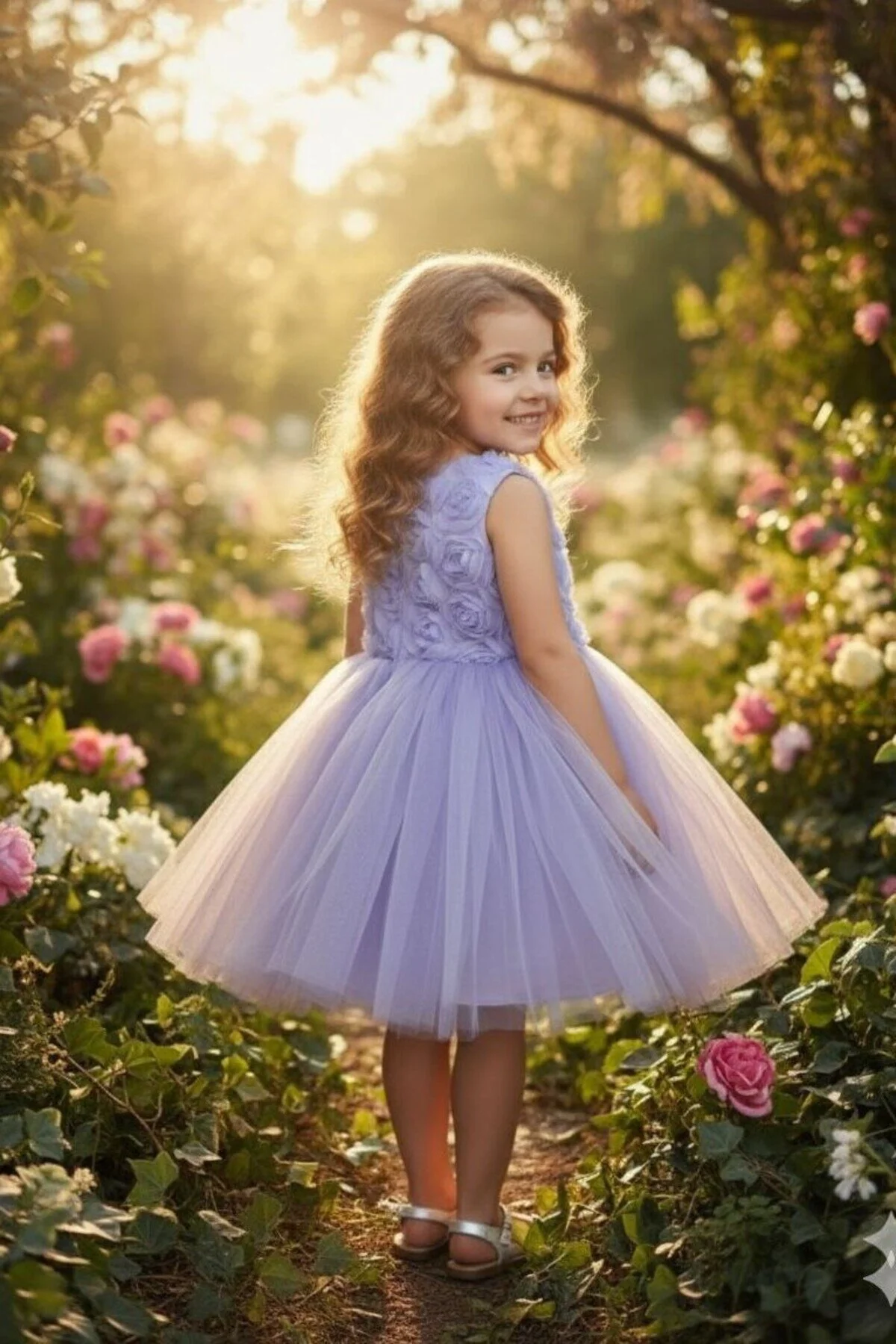 3D Gül Kabartmalı Tüllü Lila Çocuk Abiye 2/12 yaş arası abiye