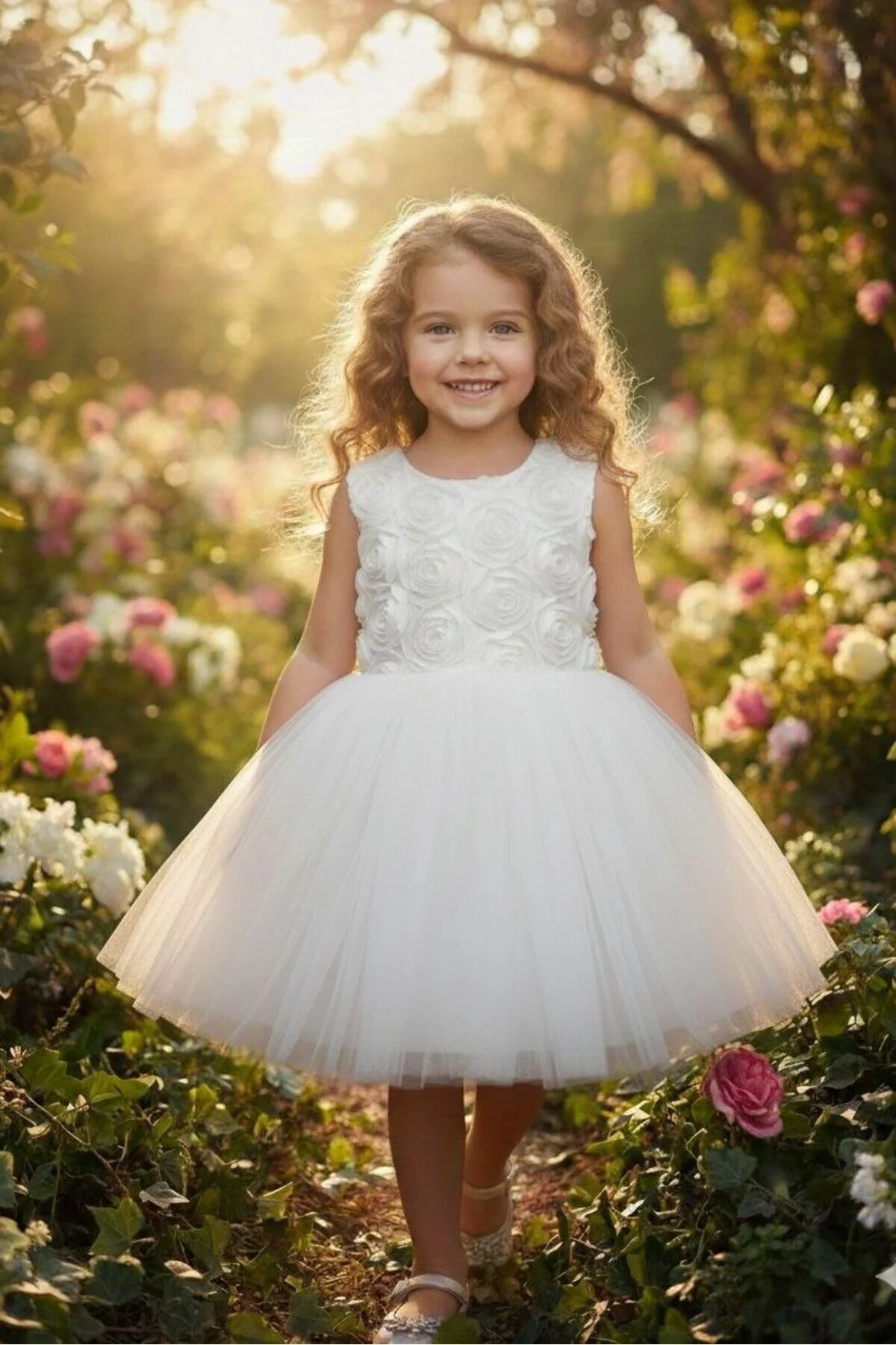 3D Gül Kabartmalı Tüllü Çocuk Beyaz Abiye 2/12 yaş arası abiye