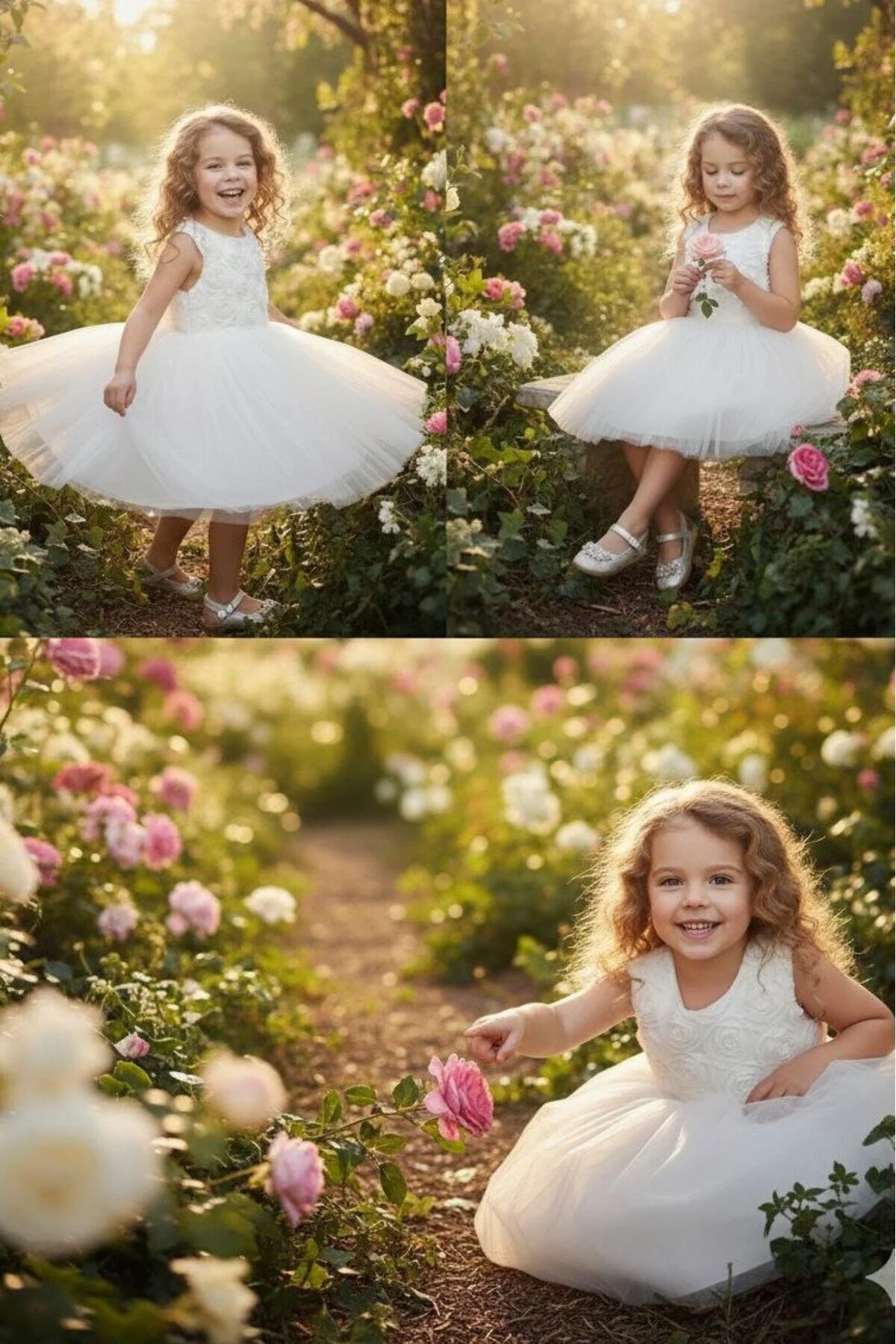 3D Gül Kabartmalı Tüllü Çocuk Beyaz Abiye 2/12 yaş arası abiye