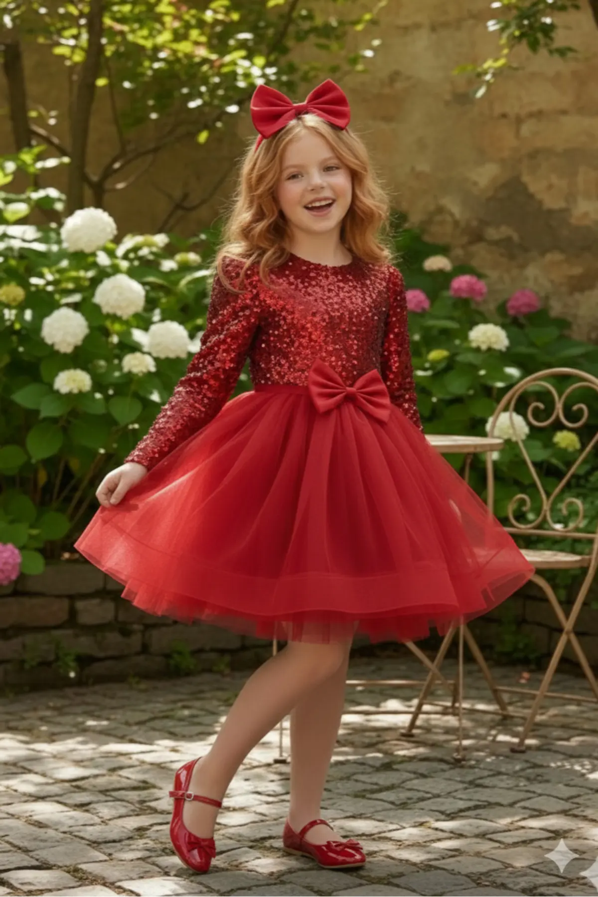 Kadife Payetli Uzun Kollu Kabarık Kırmızı Çocuk Abiye 2/12 yaş arası Abiye