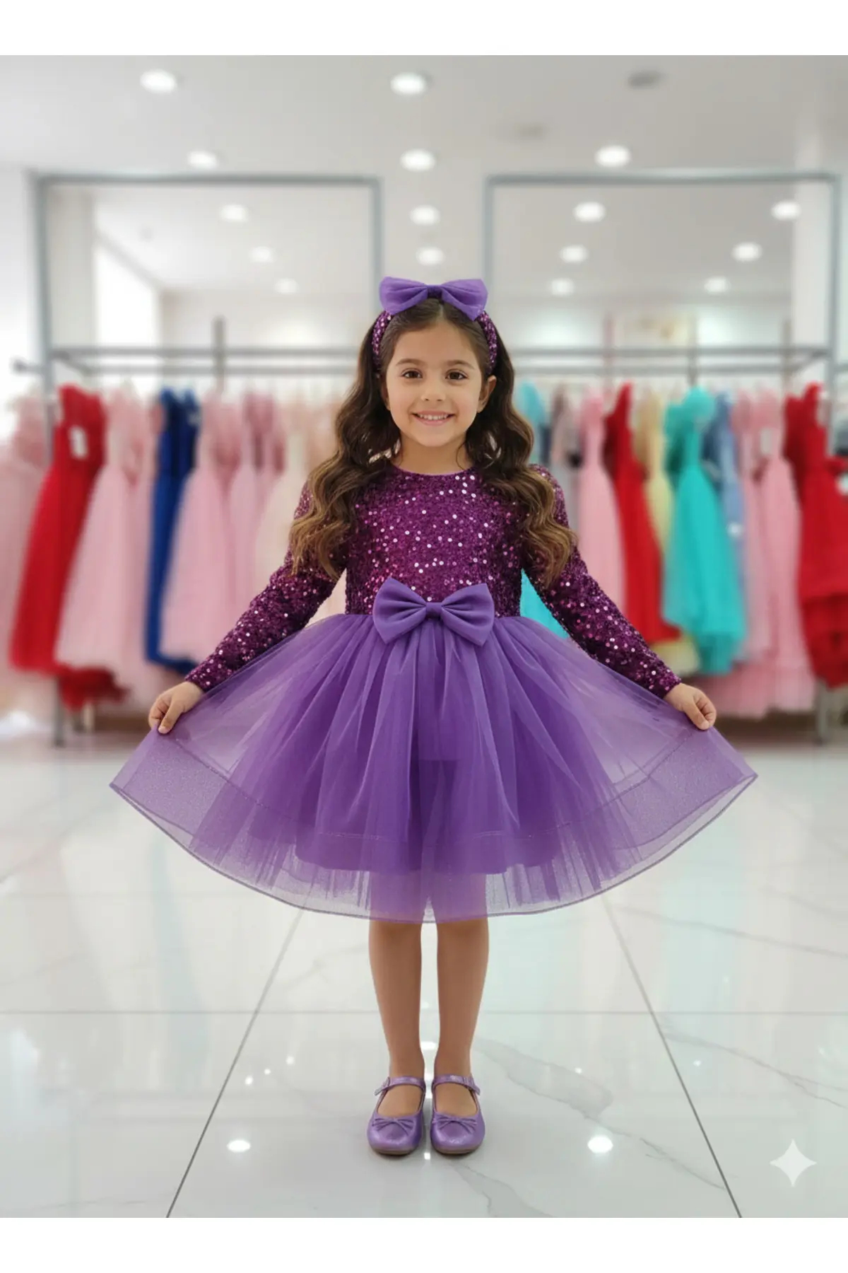 Kadife Payetli Uzun Kollu Kabarık Mor Çocuk Abiye 2/12 yaş arası Abiye