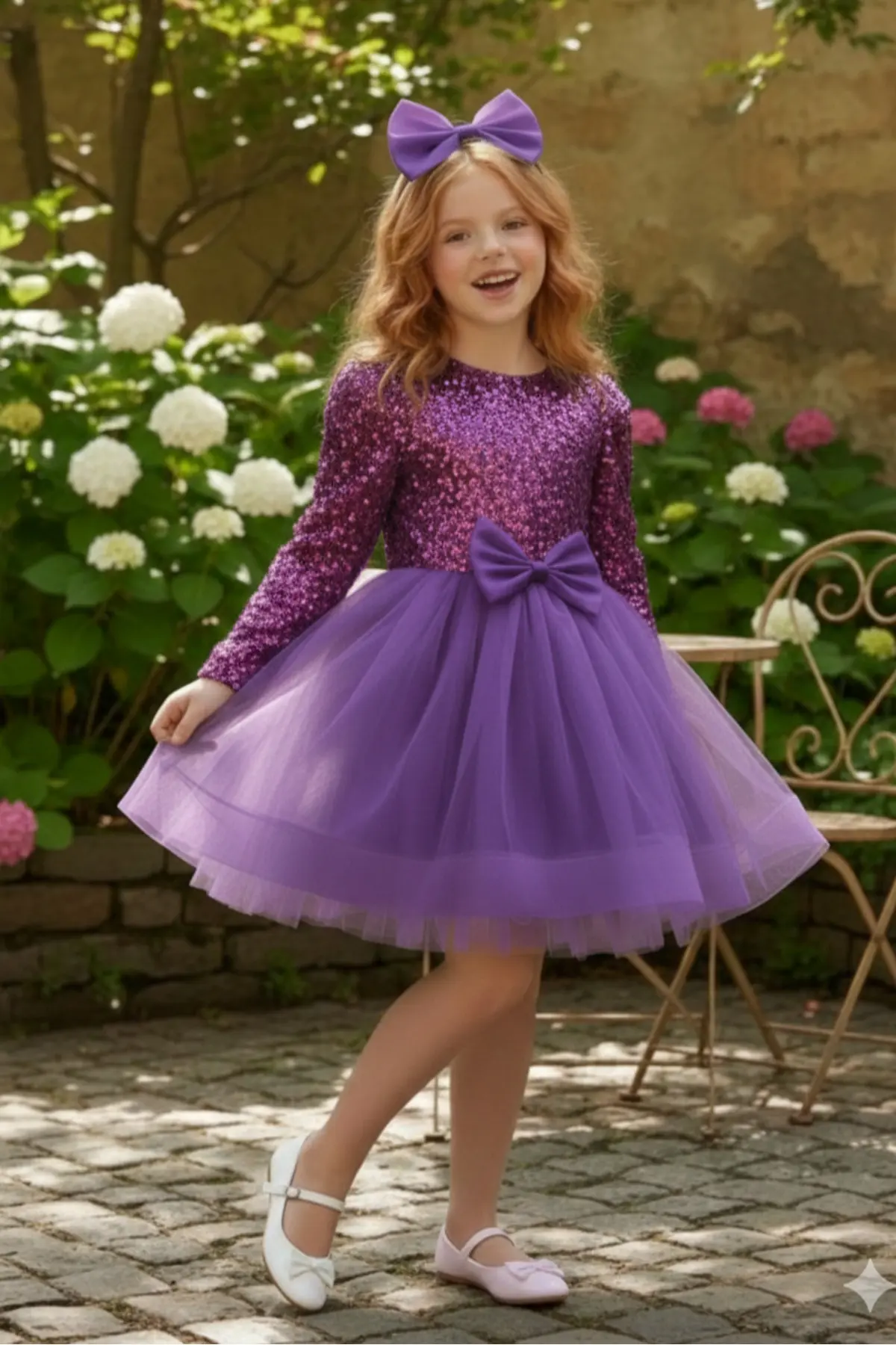 Kadife Payetli Uzun Kollu Kabarık Mor Çocuk Abiye 2/12 yaş arası Abiye