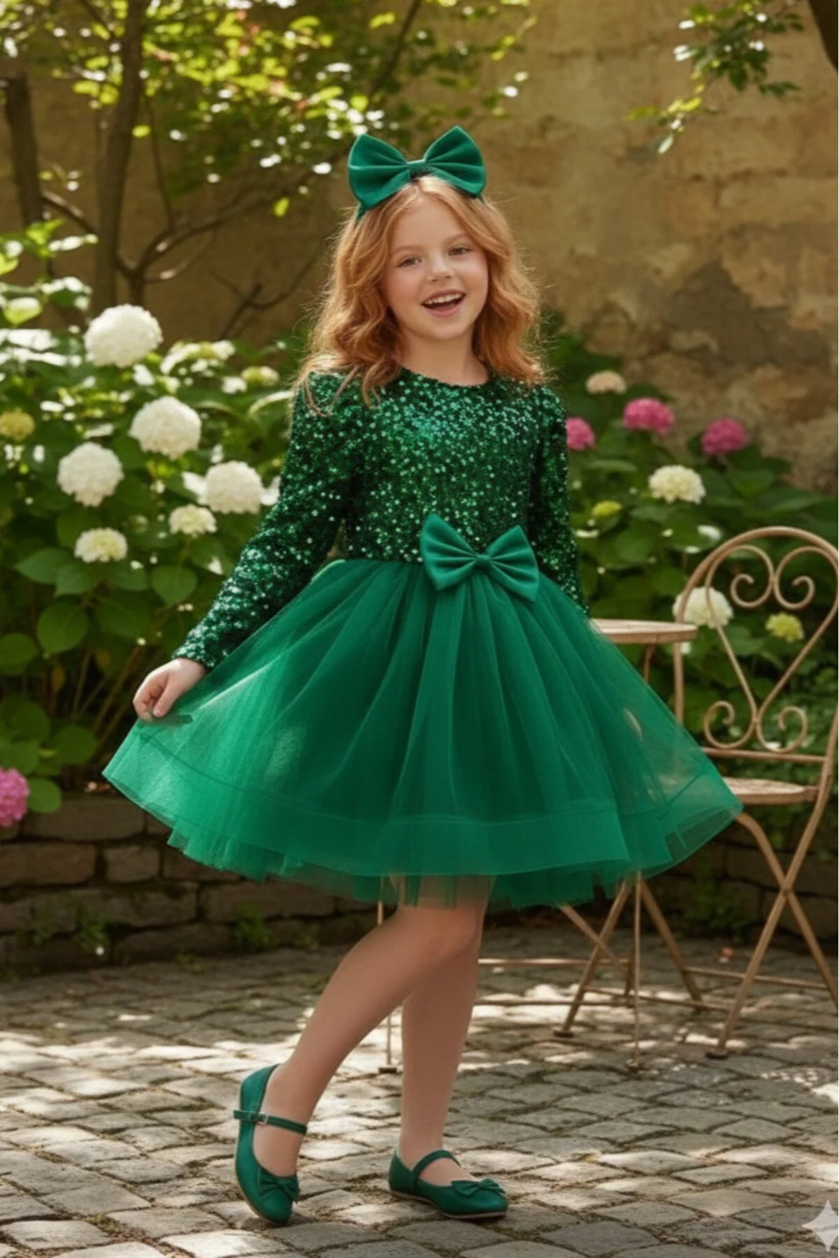 Kadife Payetli Uzun Kollu Kabarık Yeşil Çocuk Abiye 2/12 yaş arası abiye