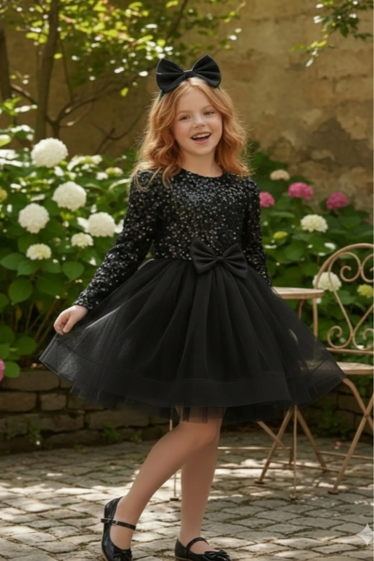 Kadife Payetli Uzun Kollu Kabarık Siyah Çocuk Abiye 2/12 yaş arası abiye