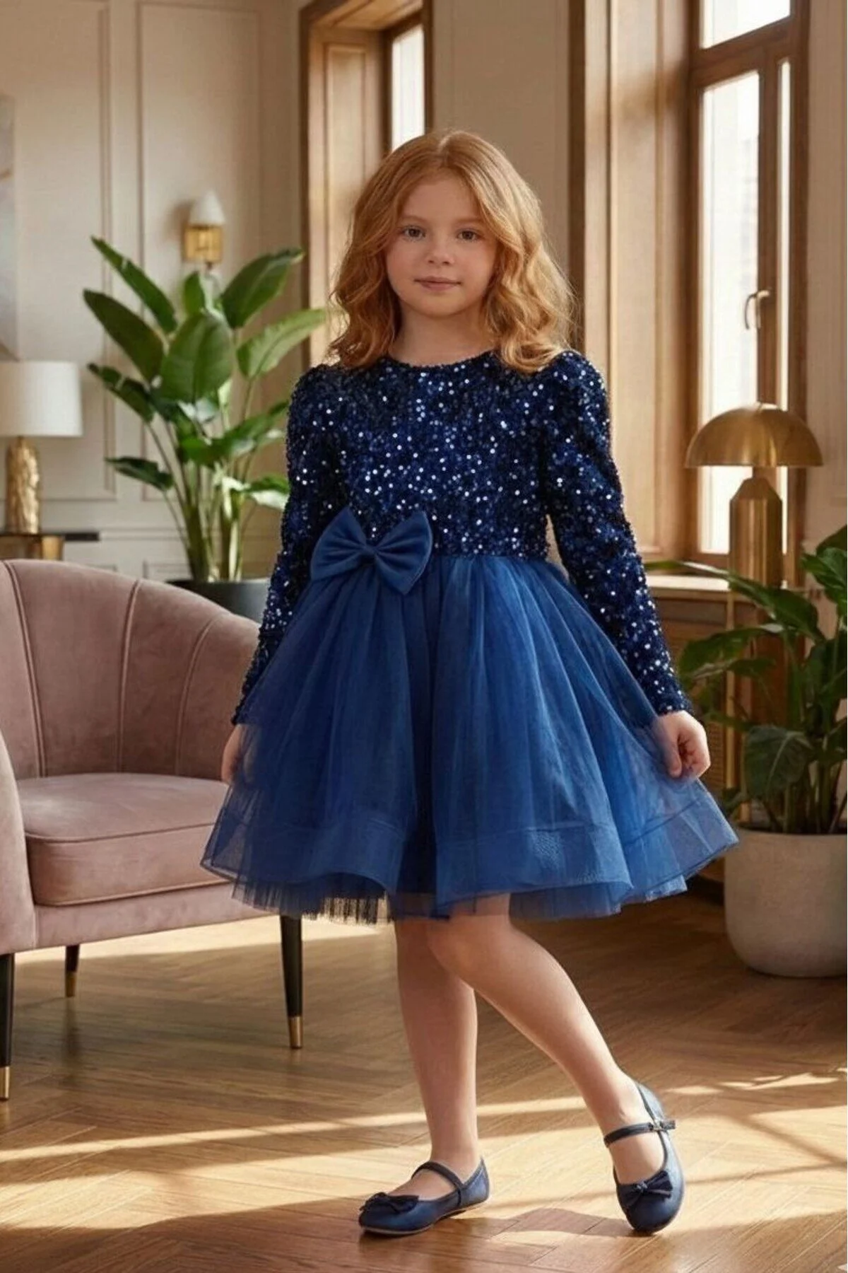 Kadife Payetli Uzun Kollu Kabarık Lacivert Çocuk Abiye 2/12 yaş arası abiye