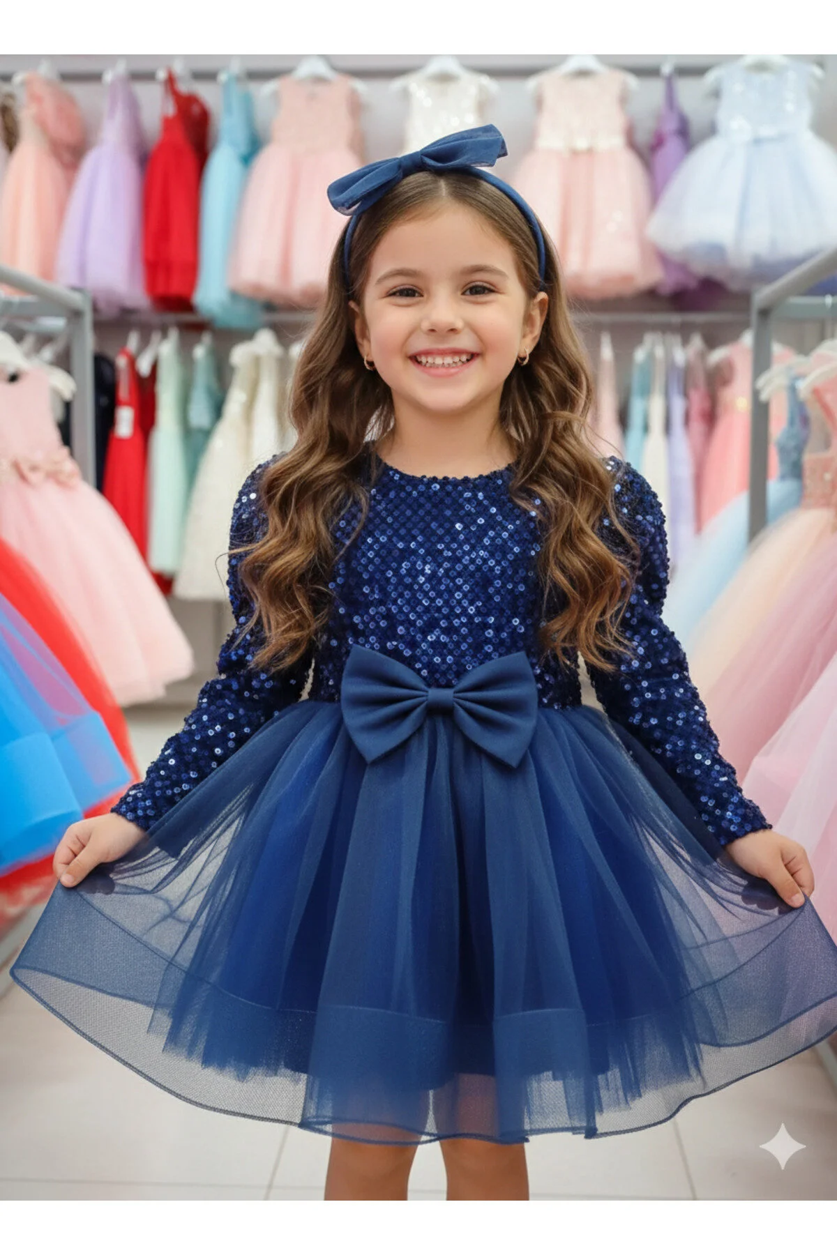 Kadife Payetli Uzun Kollu Kabarık Lacivert Çocuk Abiye 2/12 yaş arası abiye