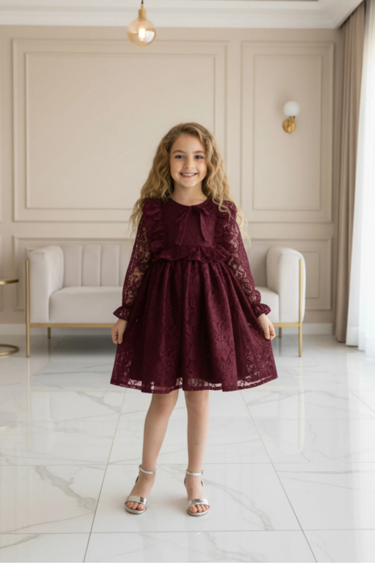 Bordo Renk Dantelli Midi Boy Çocuk Abiye