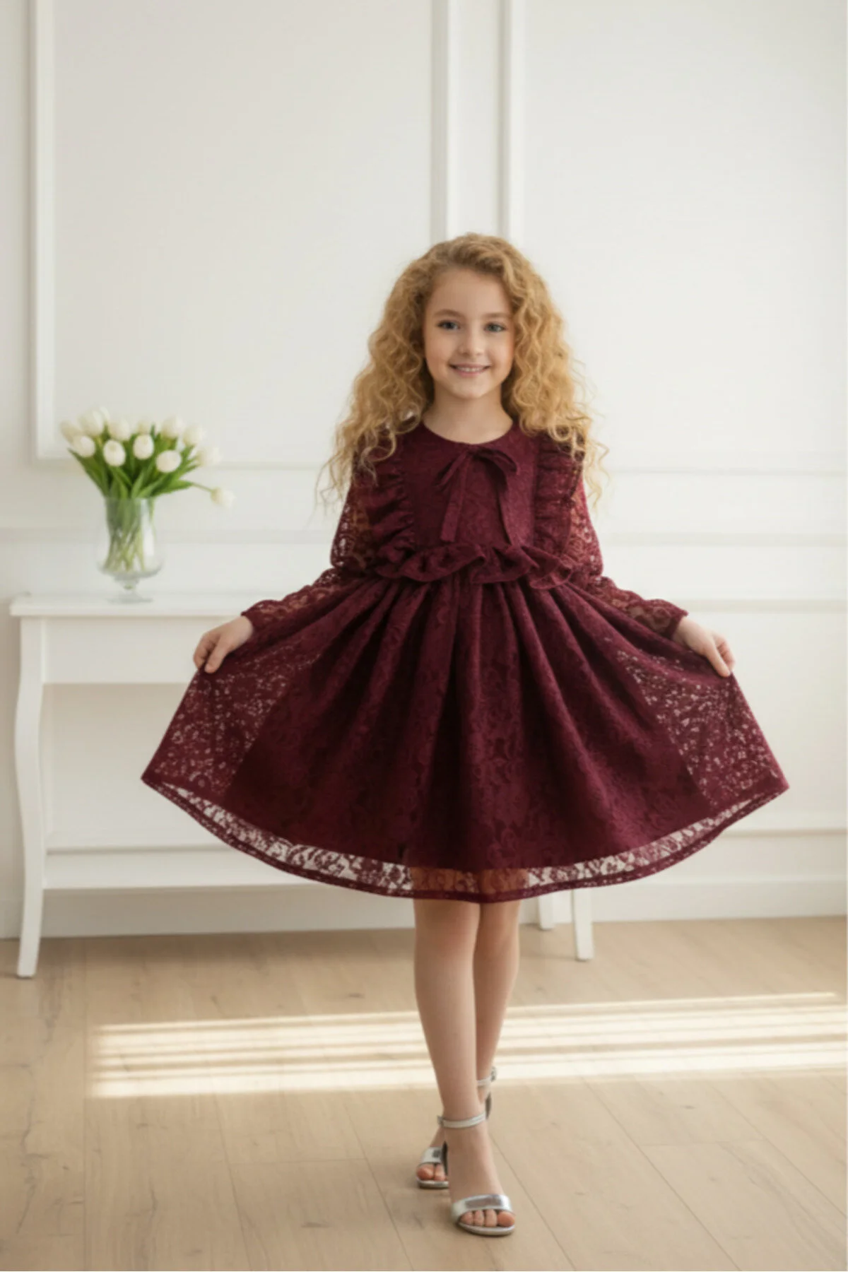 Bordo Renk Dantelli Midi Boy Çocuk Abiye