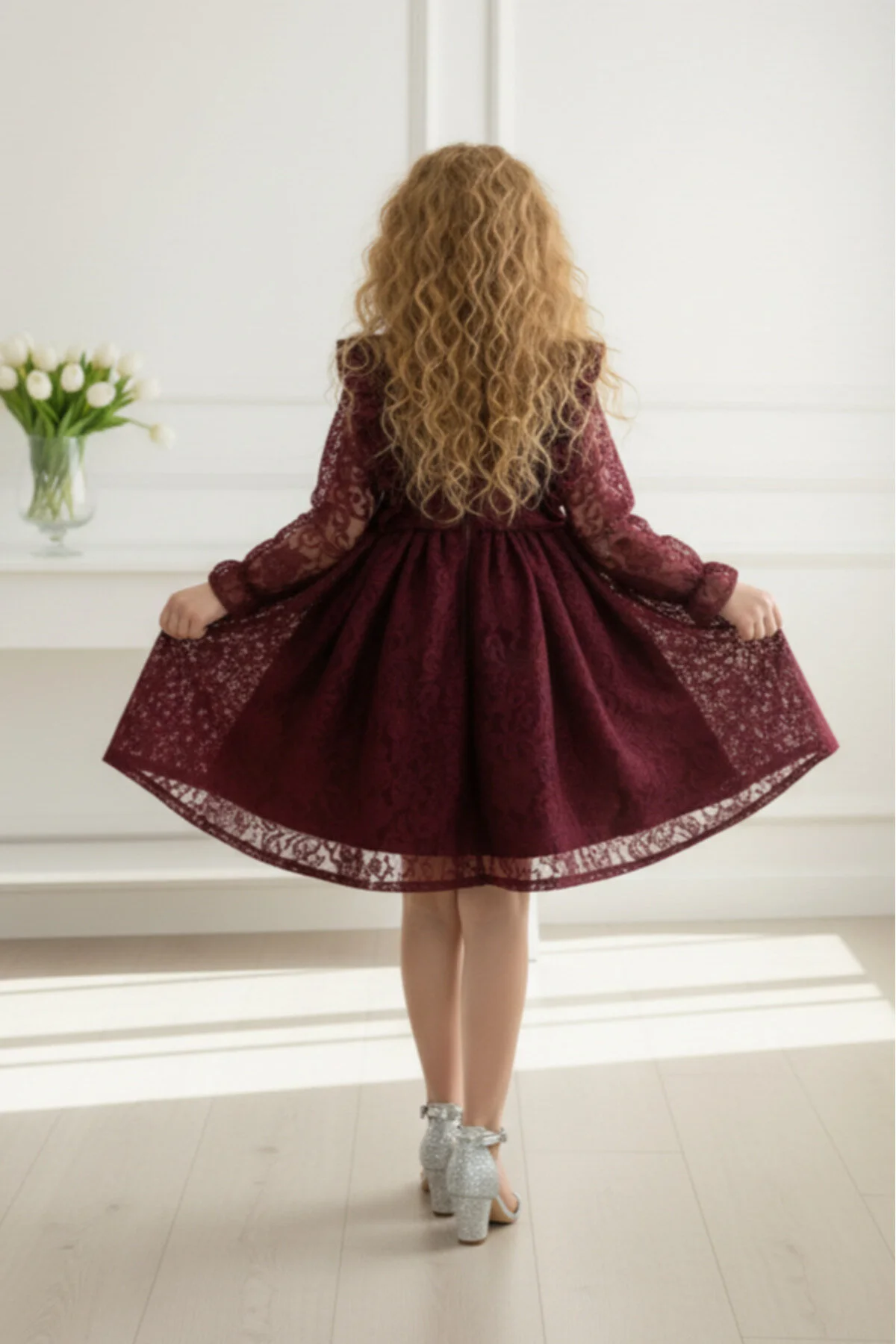 Bordo Renk Dantelli Midi Boy Çocuk Abiye