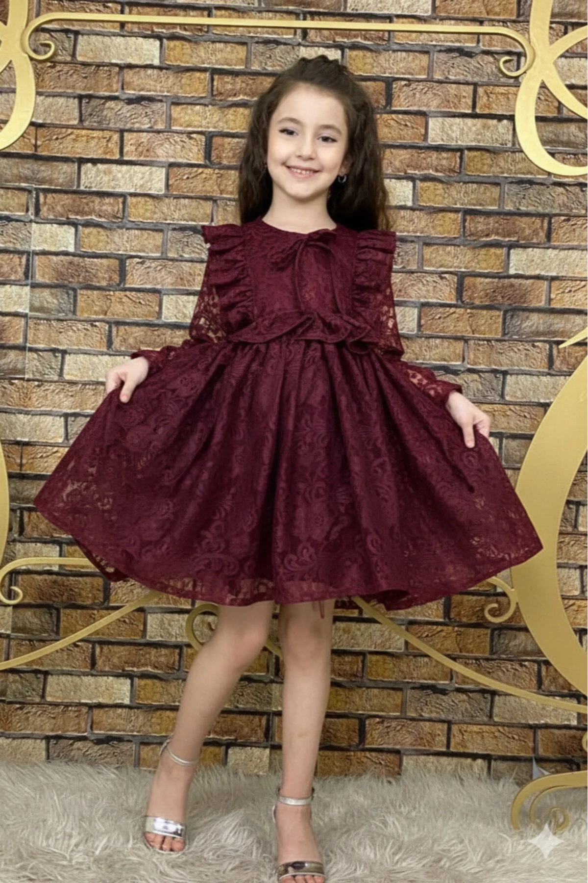 Bordo Renk Dantelli Midi Boy Çocuk Abiye