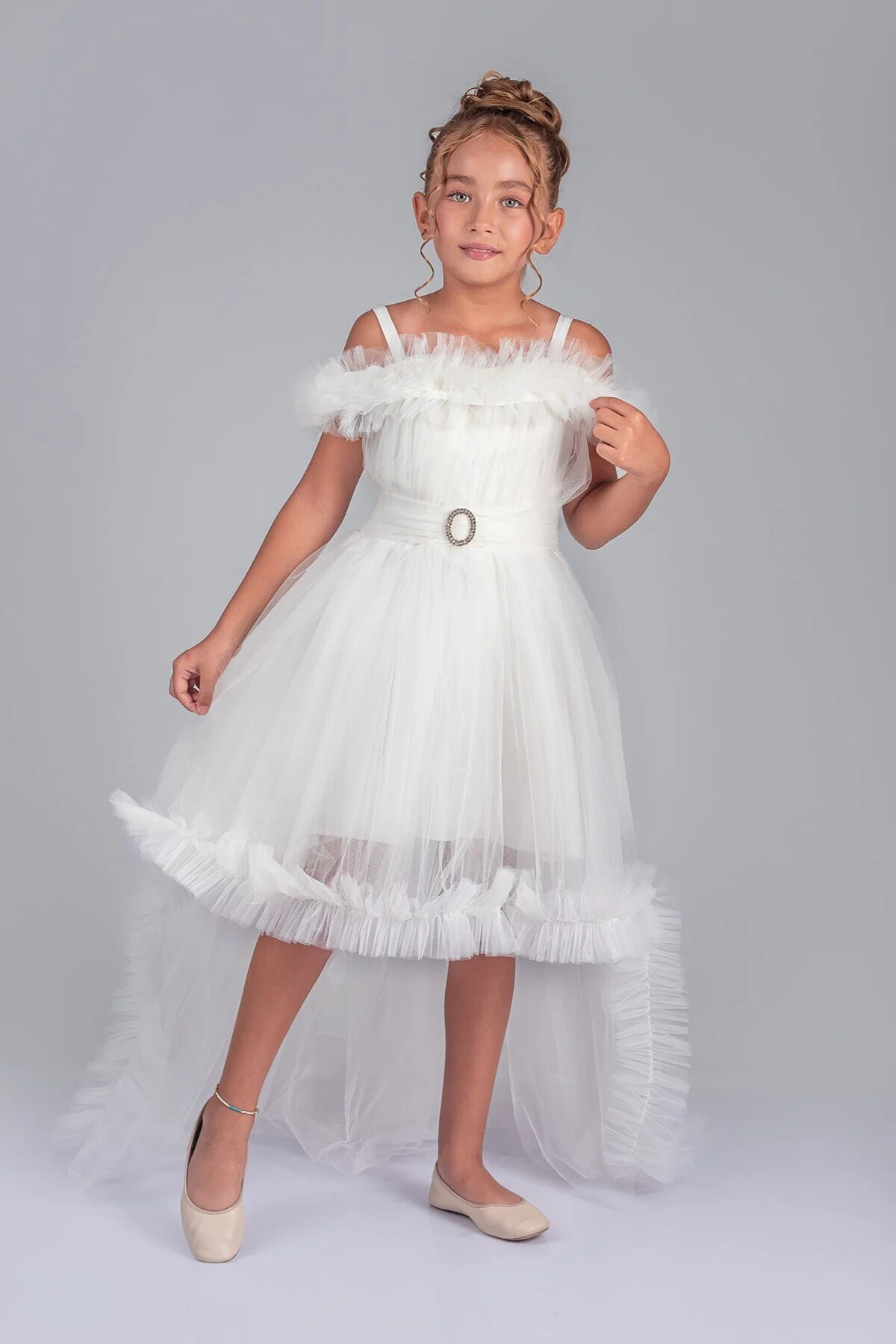 Kuyruklu Tüllü Tarz Beyaz Çocuk Abiye GarsonBoy