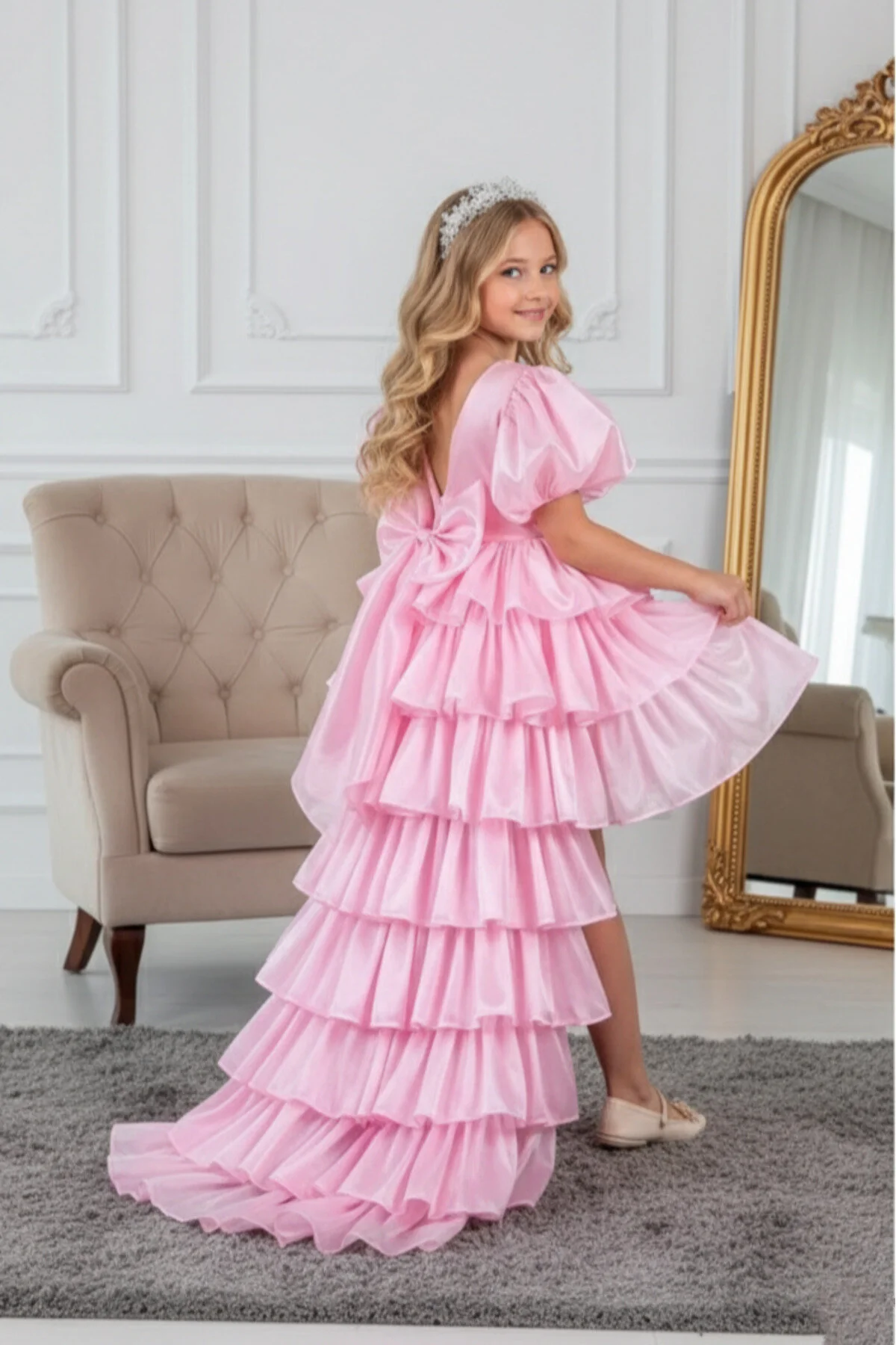 Rüya Model Taçlı Kuyruklu Pembe Çocuk Abiye Kids