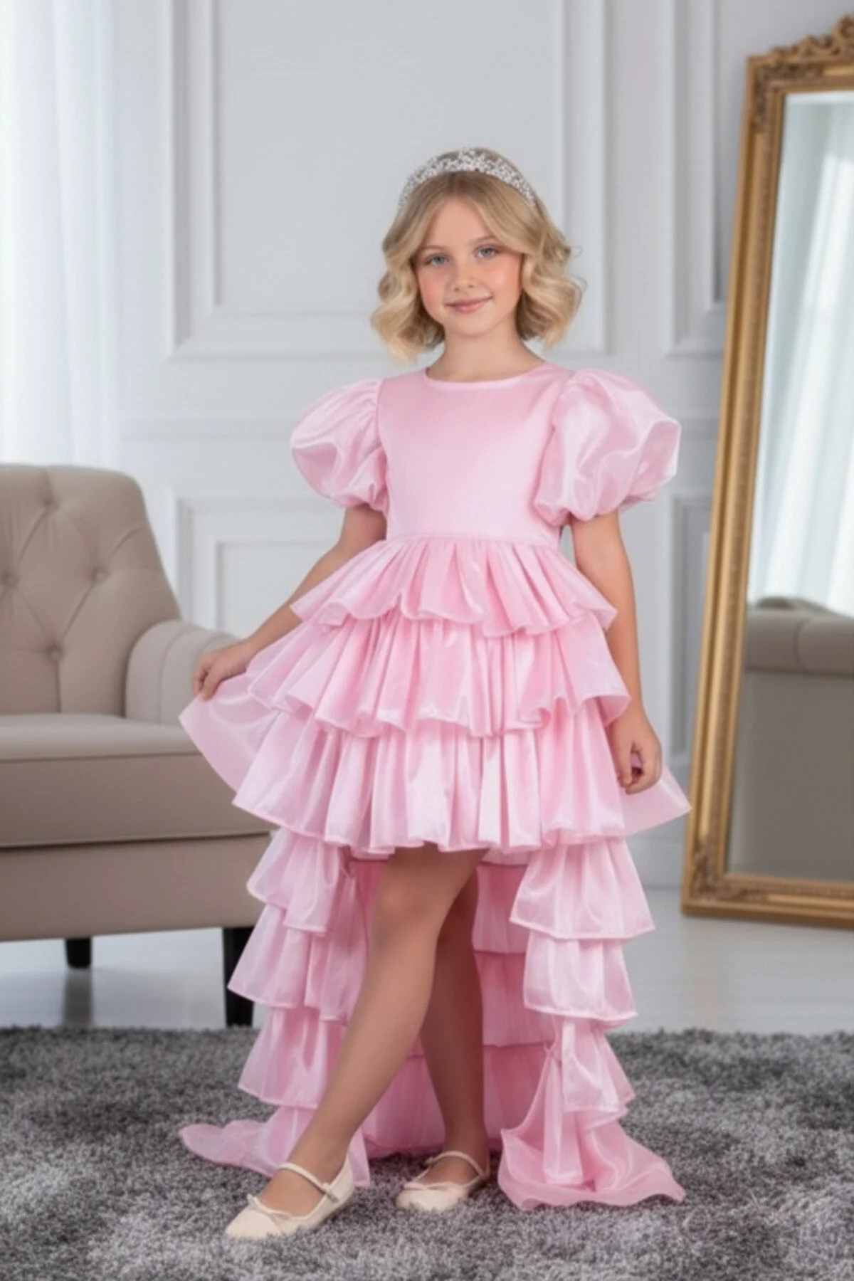 Rüya Model Taçlı Kuyruklu Pembe Çocuk Abiye Kids