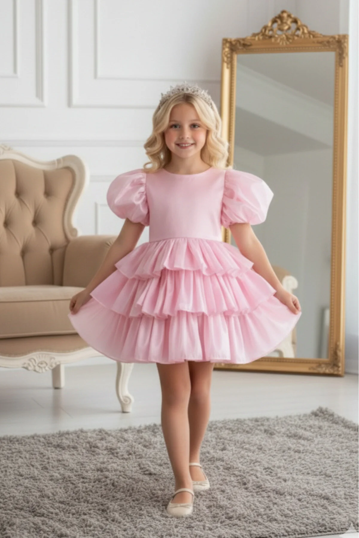 Rüya Model Taçlı Kuyruklu Pembe Çocuk Abiye Kids