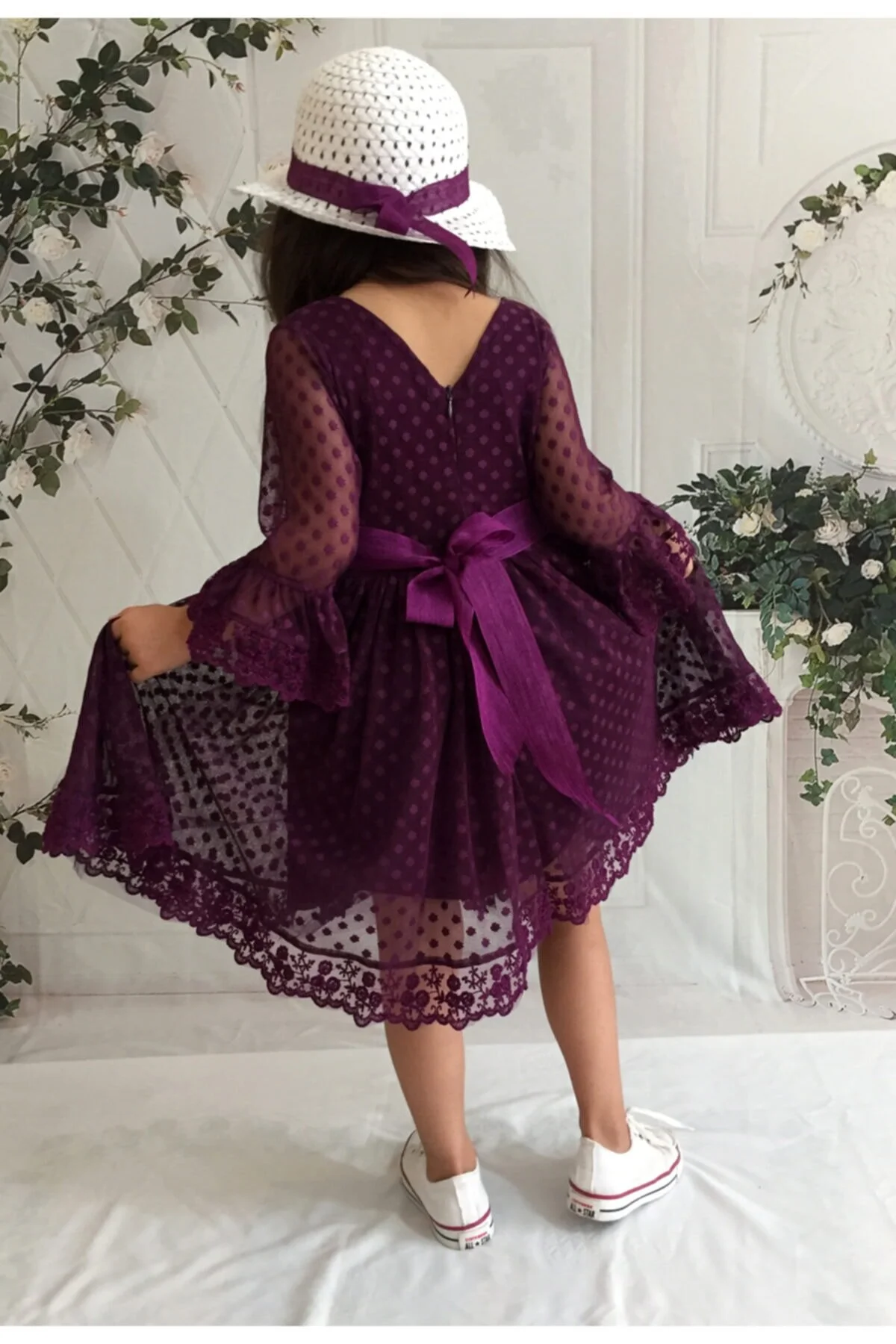 Şapkalı, Güpürlü, Prenses Model Kız Çoçuk Elbisesi
