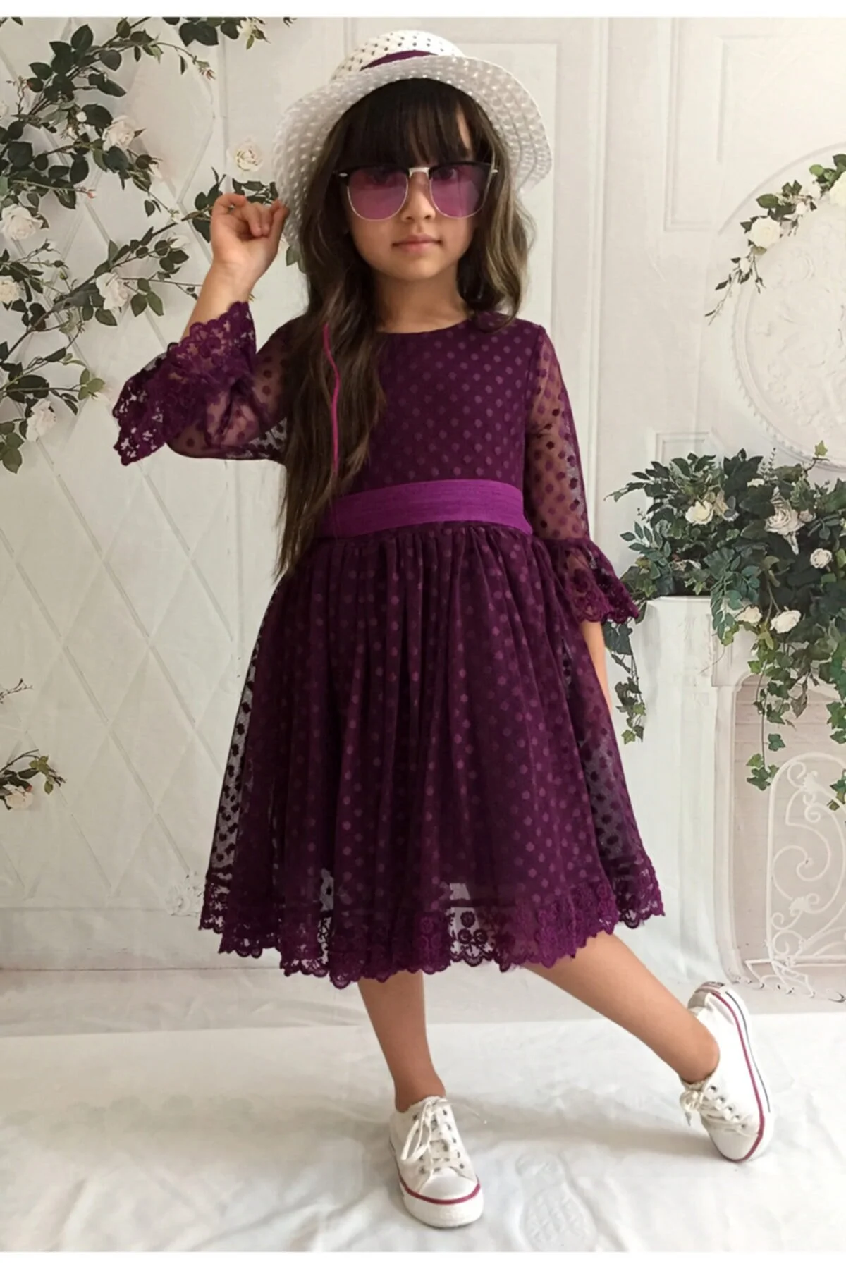 Şapkalı, Güpürlü, Prenses Model Kız Çoçuk Elbisesi