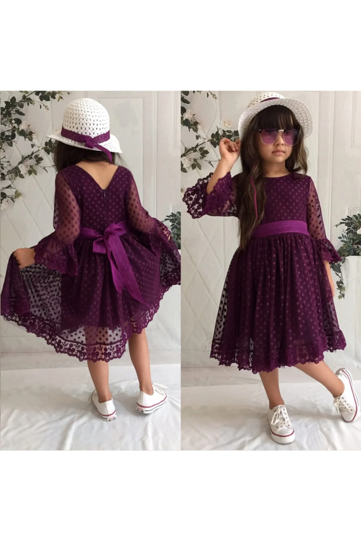 Şapkalı, Güpürlü, Prenses Model Kız Çoçuk Elbisesi