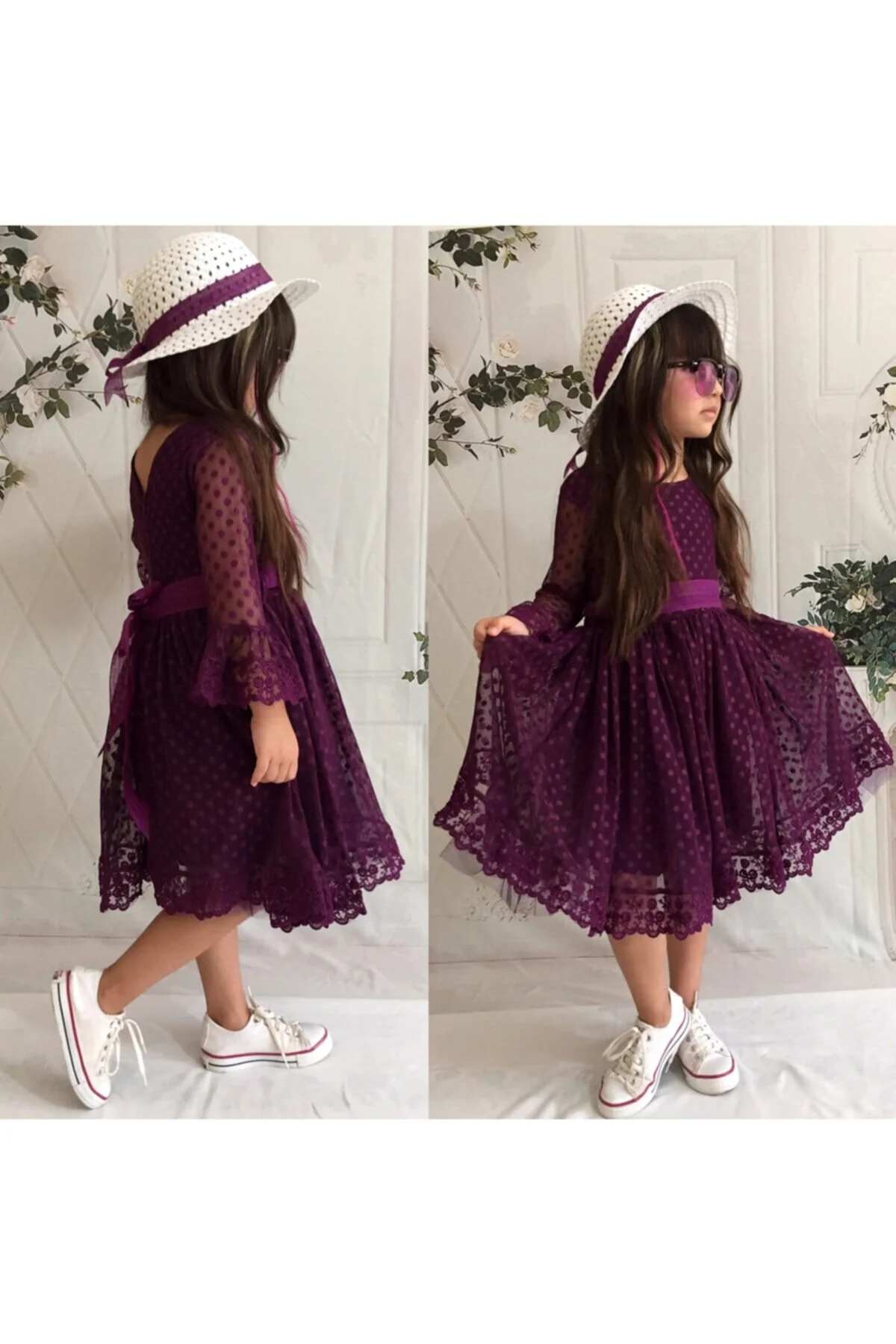 Şapkalı, Güpürlü, Prenses Model Kız Çoçuk Elbisesi