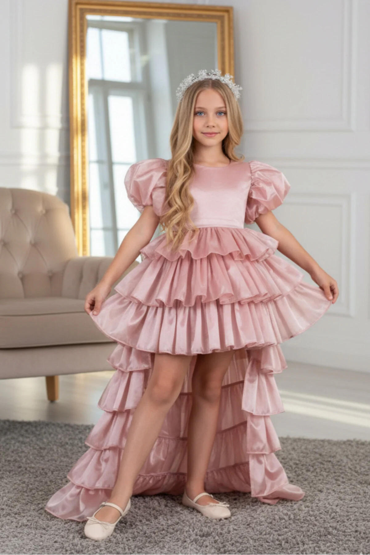 Rüya Model Taçlı Kuyruklu Pudra Çocuk Abiye Kids