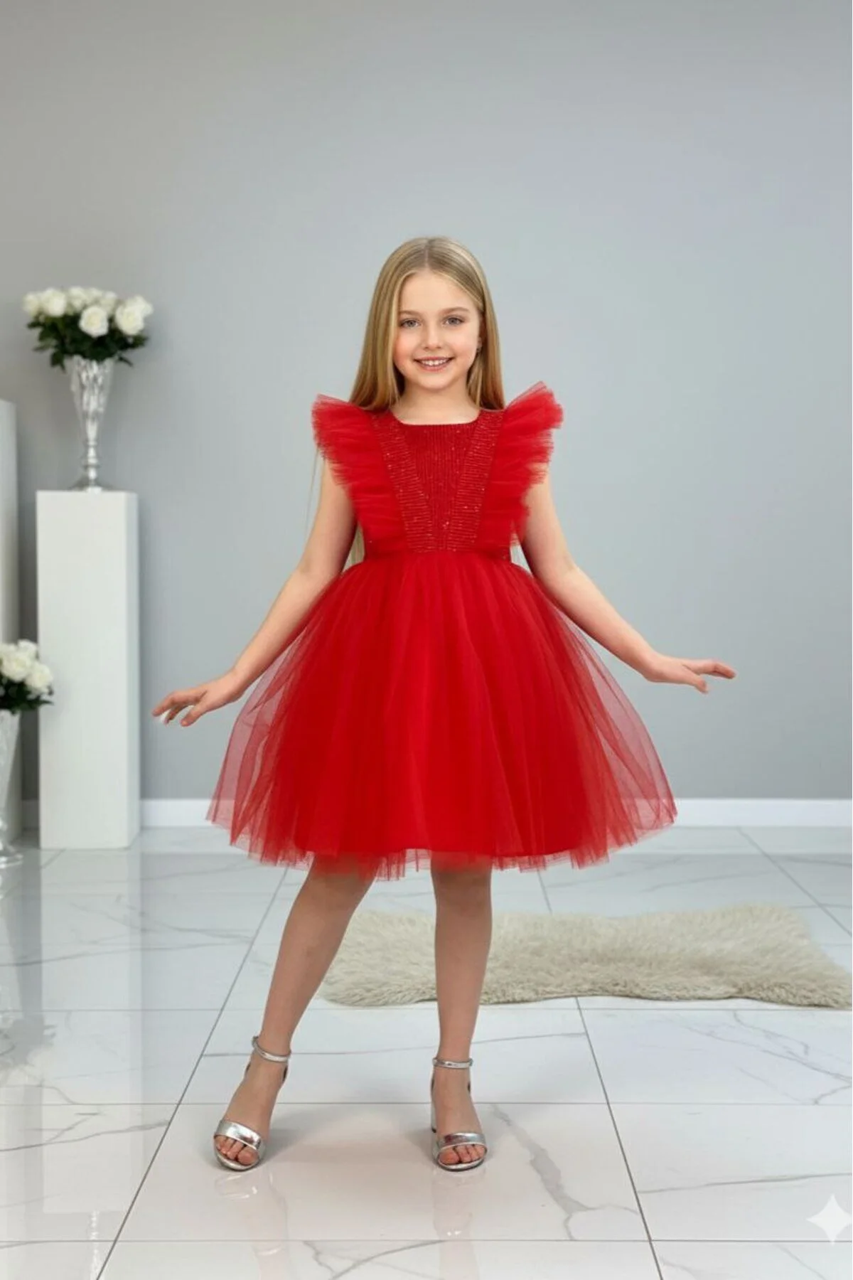 Kırmızı Simli Tüllü Çocuk Abiye