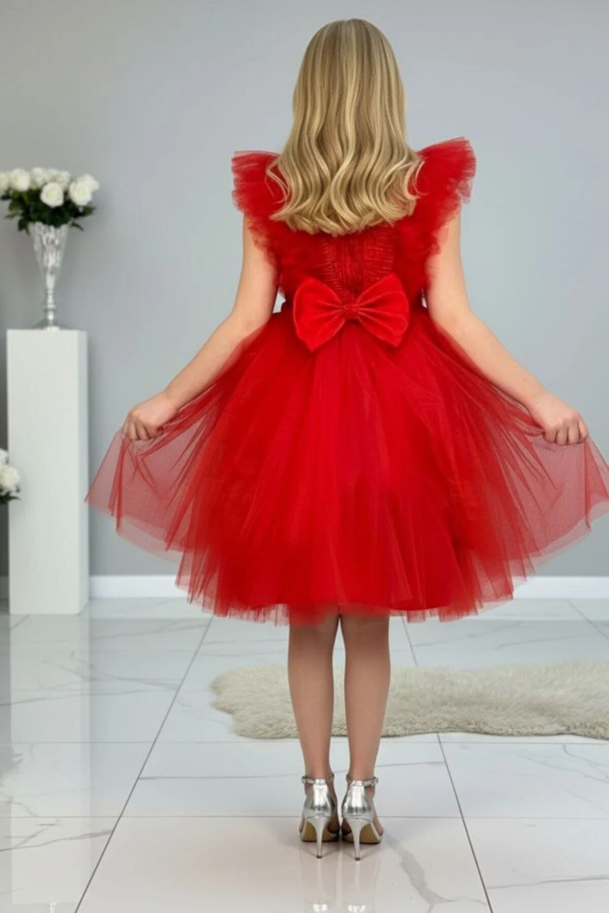 Kırmızı Simli Tüllü Çocuk Abiye