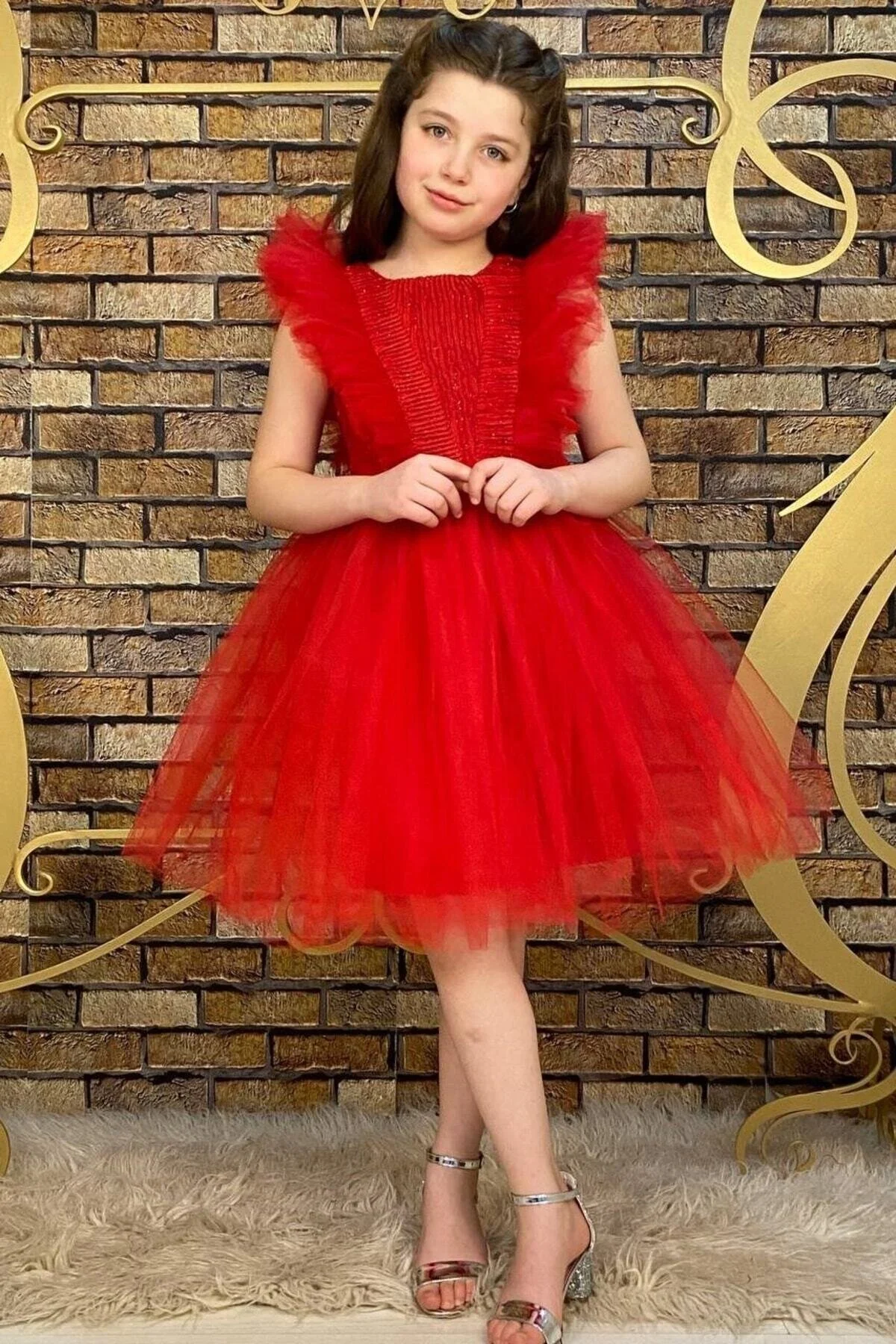 Kırmızı Simli Tüllü Çocuk Abiye