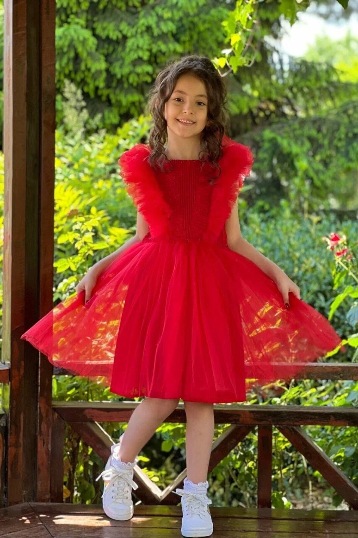 Kırmızı Simli Tüllü Çocuk Abiye