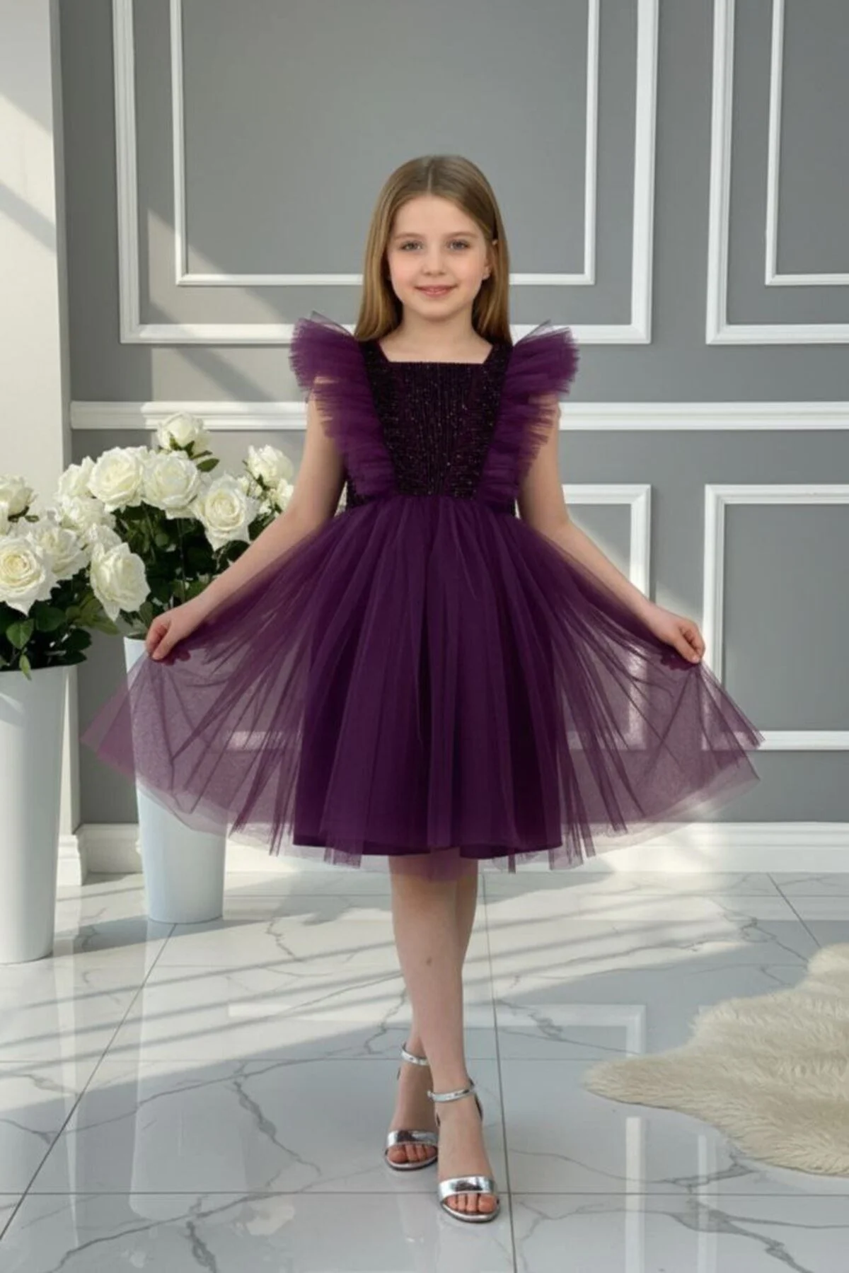 Bordo Simli Tüllü Çocuk Abiye