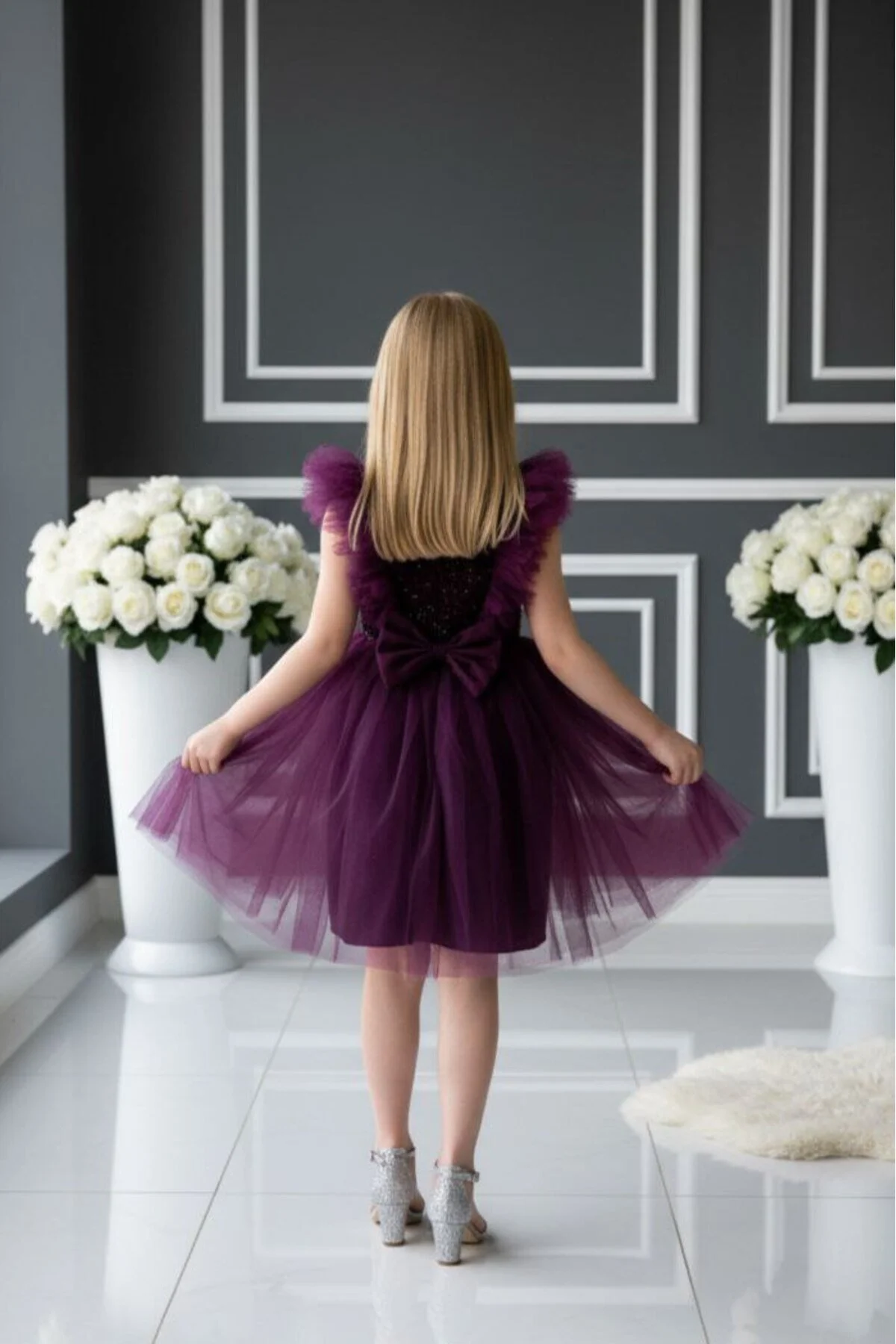 Bordo Simli Tüllü Çocuk Abiye