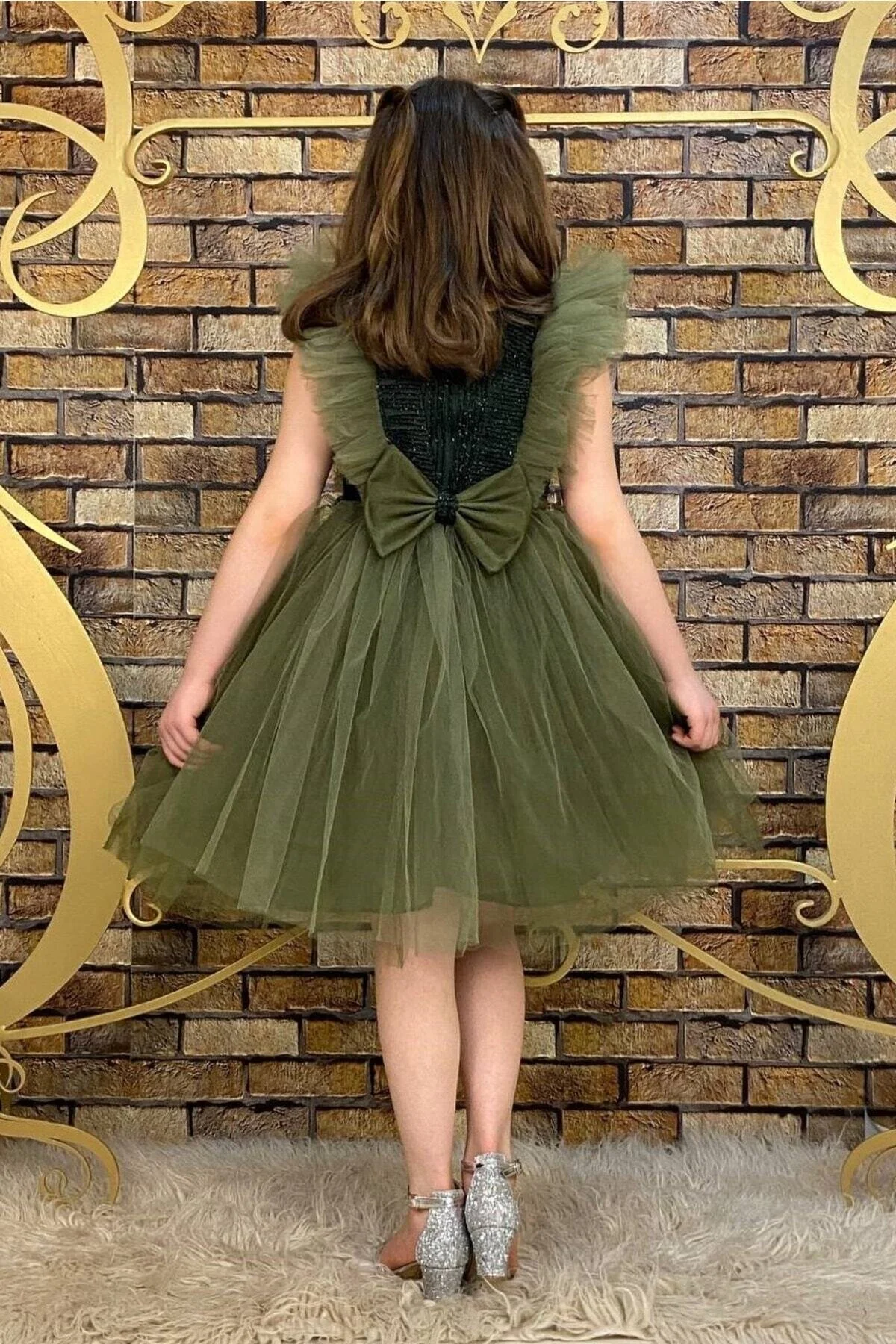 Haki Renk Simli Tüllü Çocuk Abiye