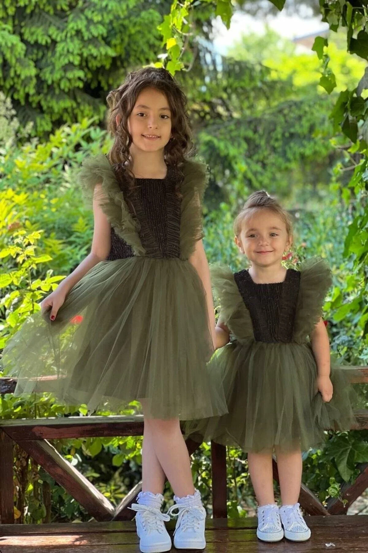 Haki Renk Simli Tüllü Çocuk Abiye