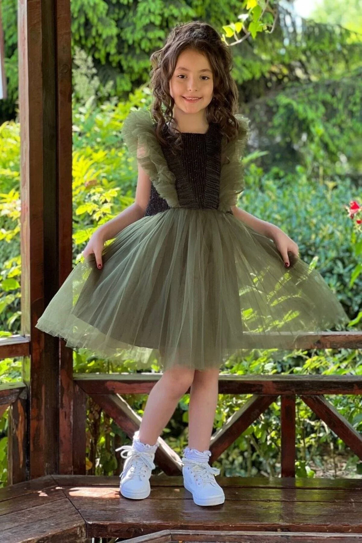 Haki Renk Simli Tüllü Çocuk Abiye