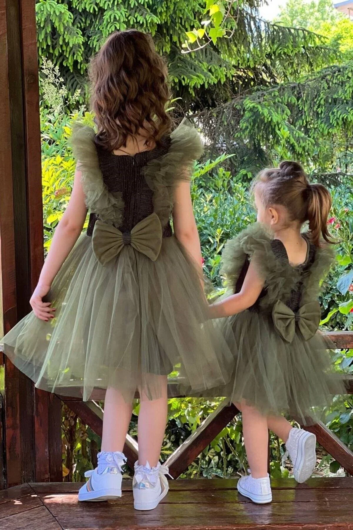 Haki Renk Simli Tüllü Çocuk Abiye