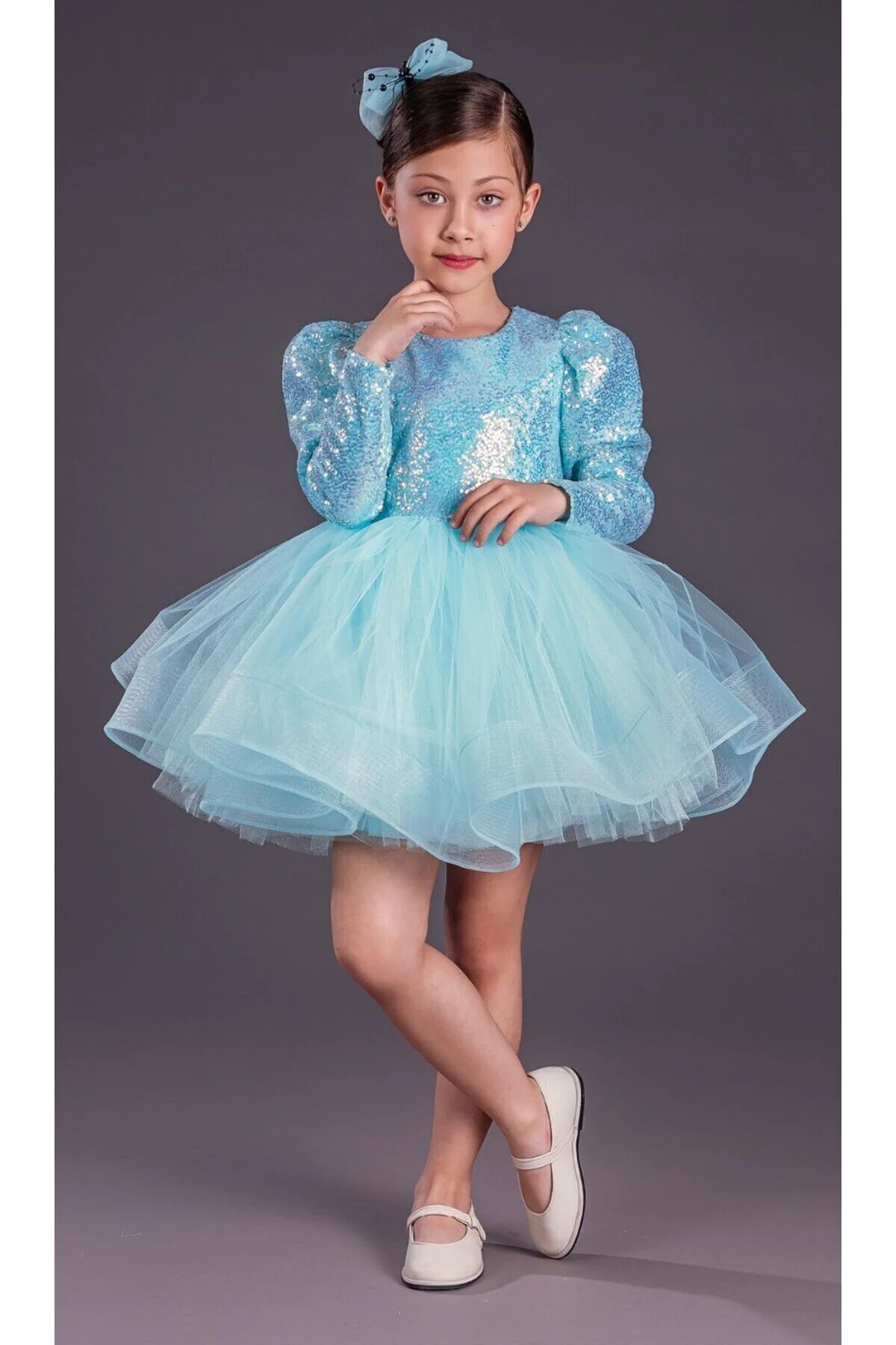 Turkuaz Balon Omuz Kollu Payetli Balo Gösteri Kıyafeti