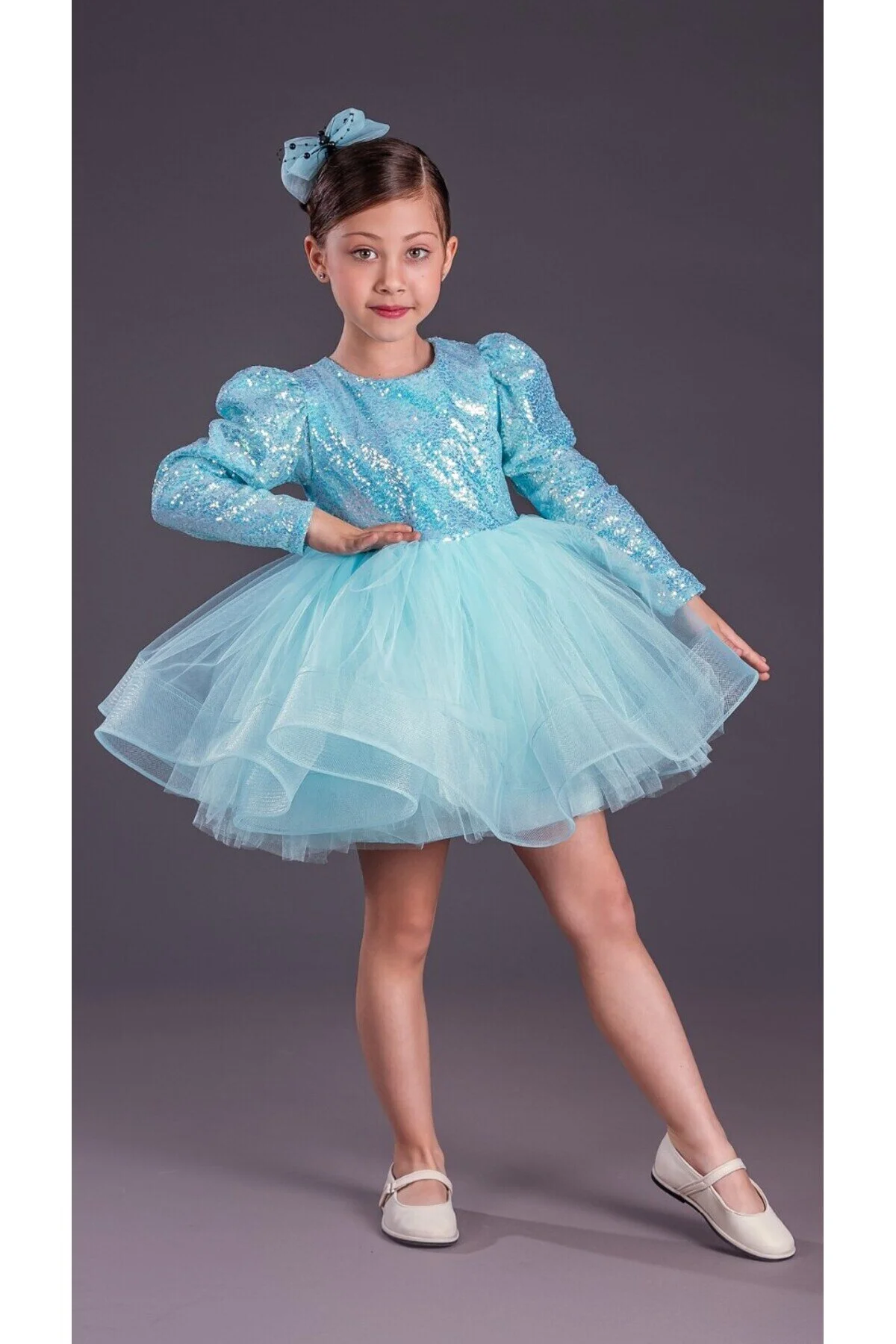 Turkuaz Balon Omuz Kollu Payetli Balo Gösteri Kıyafeti