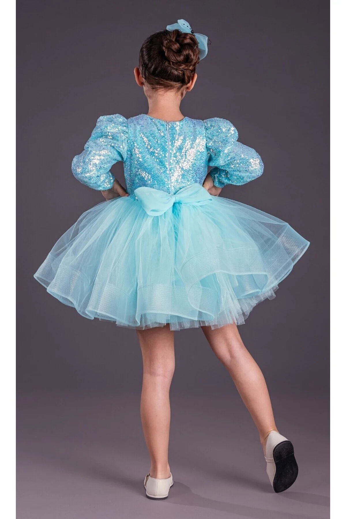 Turkuaz Balon Omuz Kollu Payetli Balo Gösteri Kıyafeti