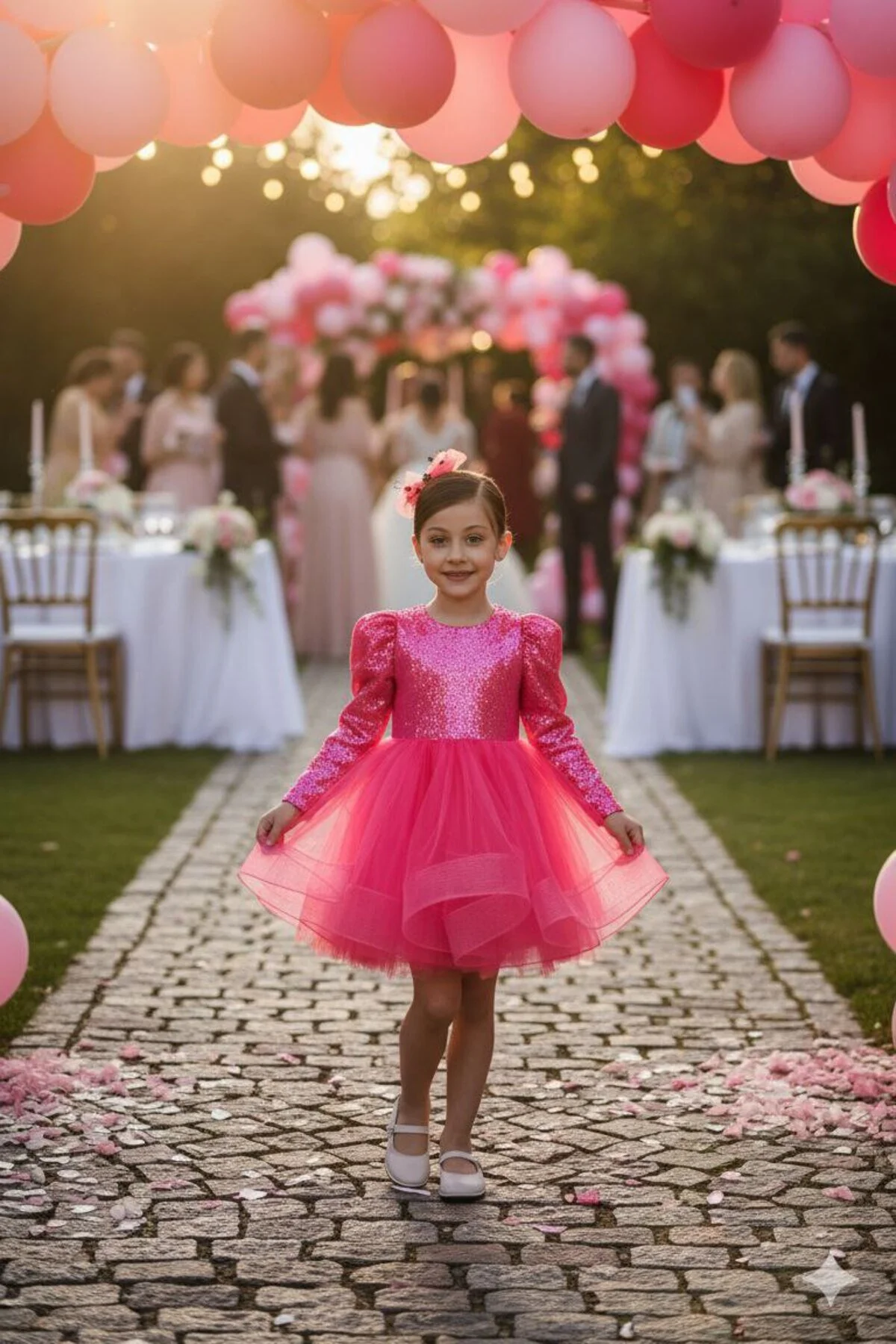 Pembe Balon Omuz Kollu Payetli Balo Gösteri Kıyafeti 23 Nisan Çocuk Abiyesi